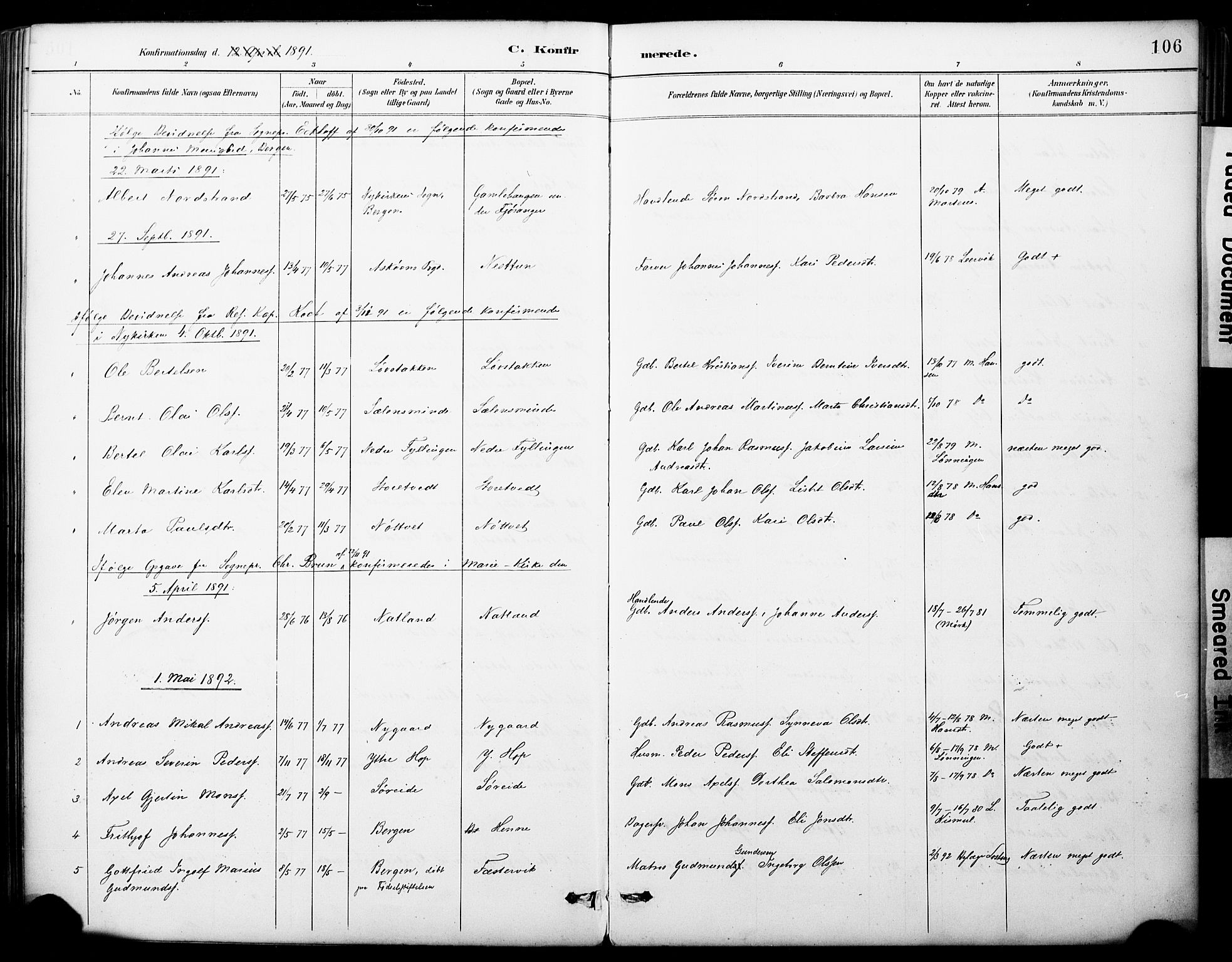 Fana Sokneprestembete, SAB/A-75101/H/Haa/Haai/L0002: Parish register (official) no. I 2, 1888-1899, p. 106