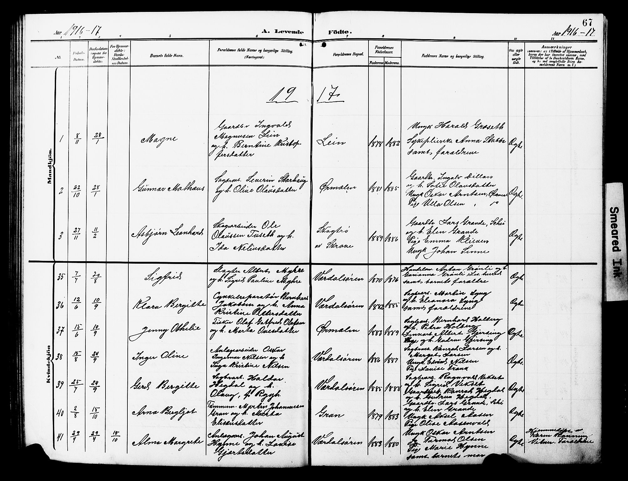 Ministerialprotokoller, klokkerbøker og fødselsregistre - Nord-Trøndelag, SAT/A-1458/723/L0258: Parish register (copy) no. 723C06, 1908-1927, p. 67