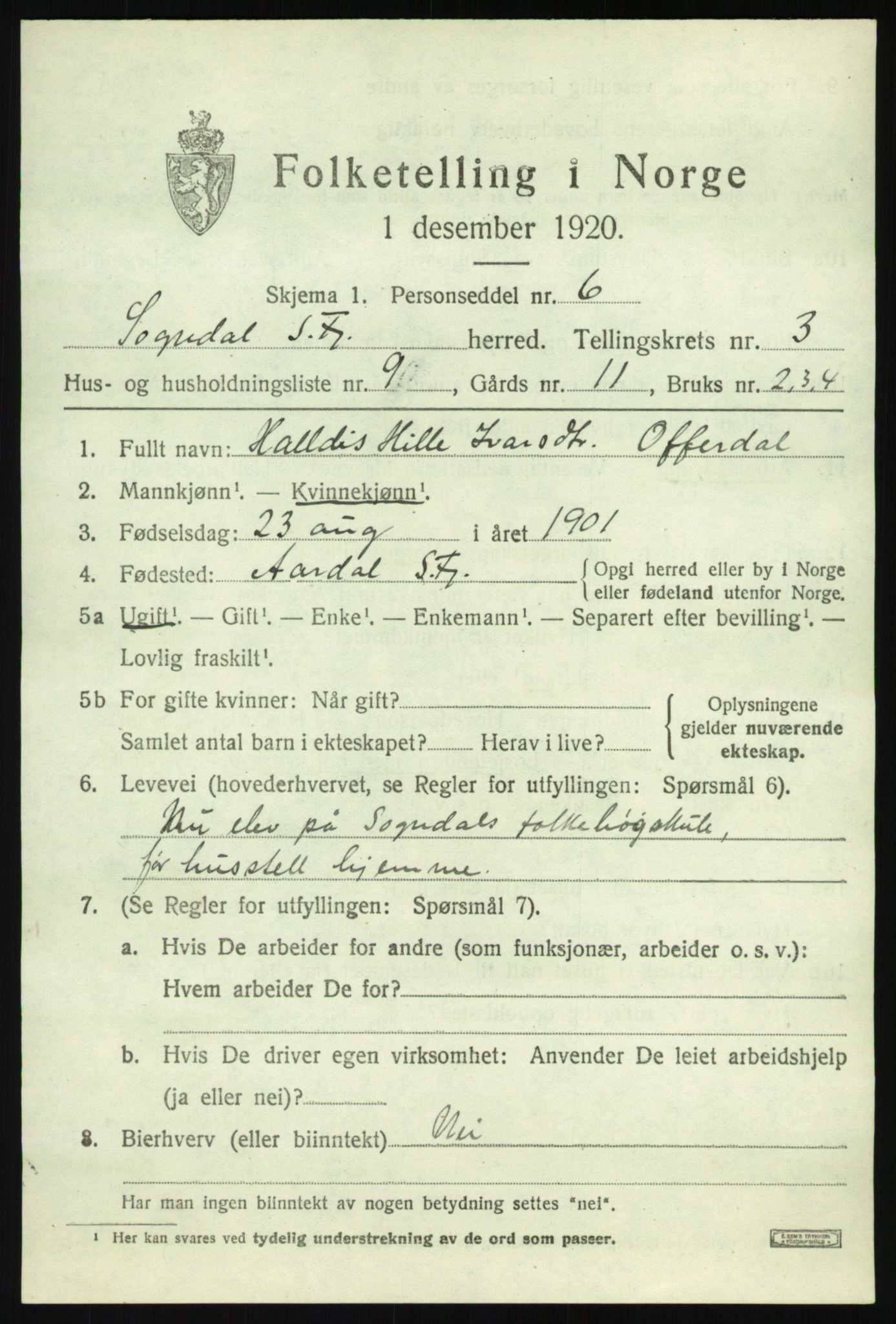 SAB, 1920 census for Sogndal, 1920, p. 2211