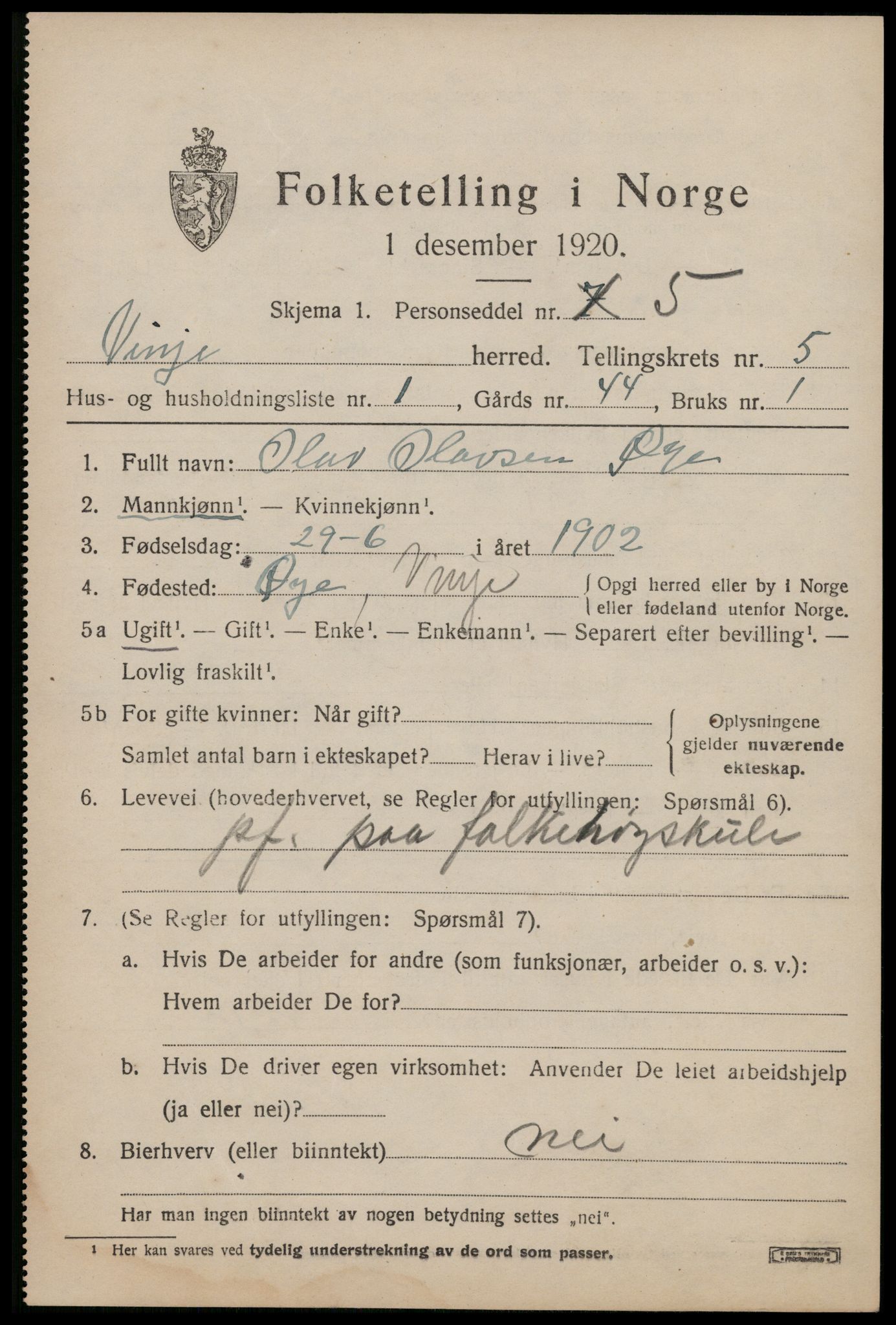 SAKO, 1920 census for Vinje, 1920, p. 1613