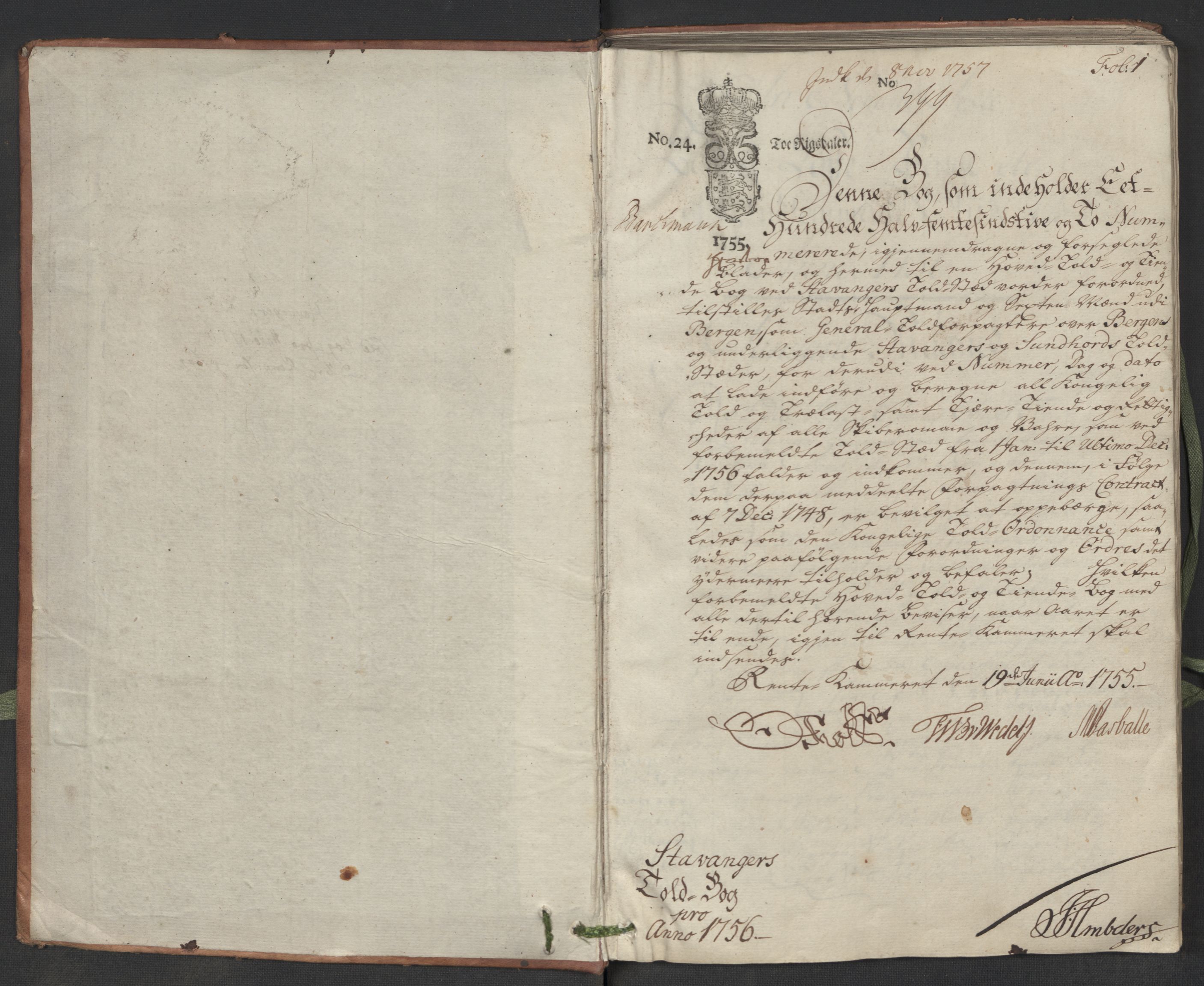 Generaltollkammeret, tollregnskaper, AV/RA-EA-5490/R22/L0018/0001: Tollregnskaper Stavanger / Hovedtollbok, 1756, p. 1a