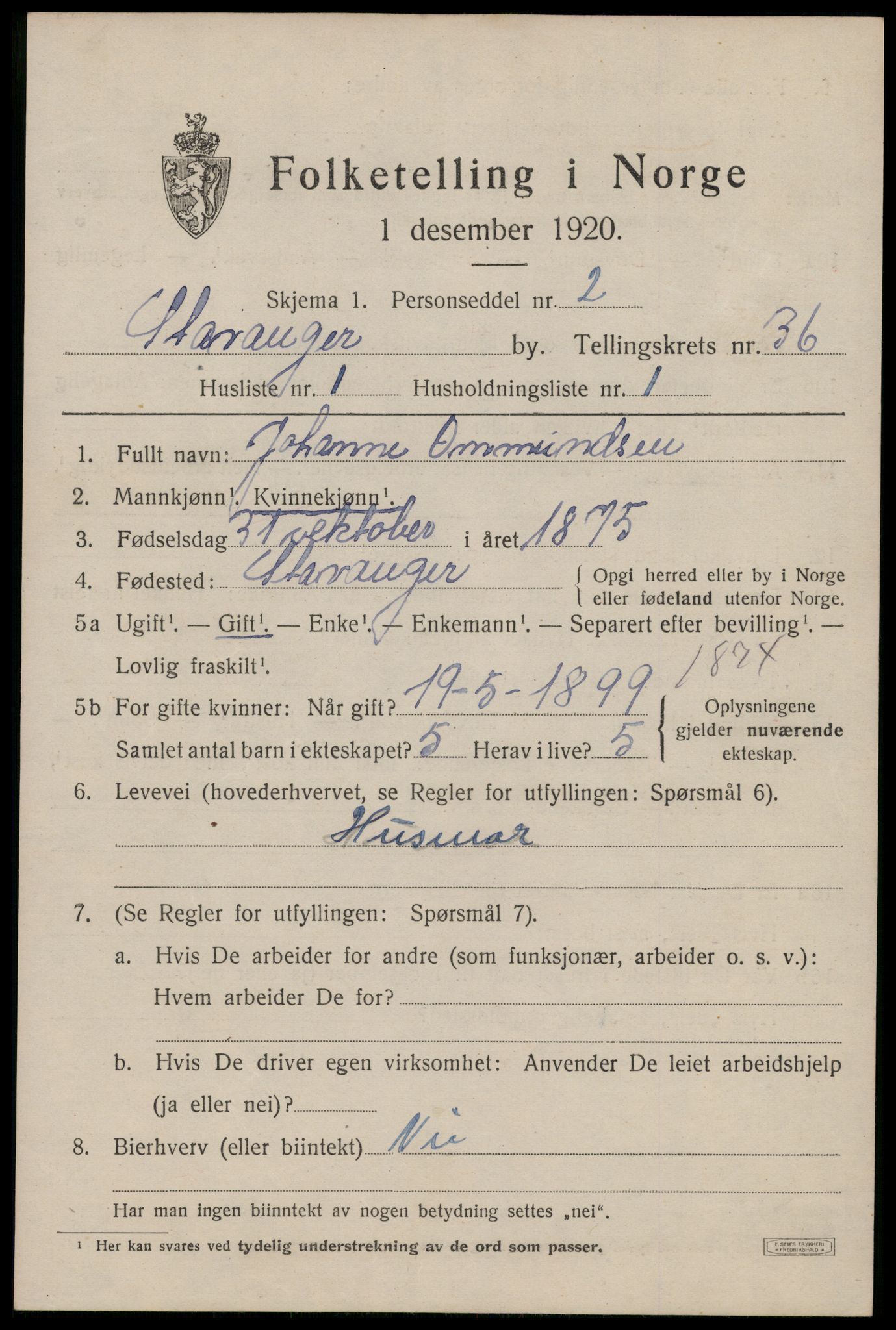 SAST, 1920 census for Stavanger, 1920, p. 95726