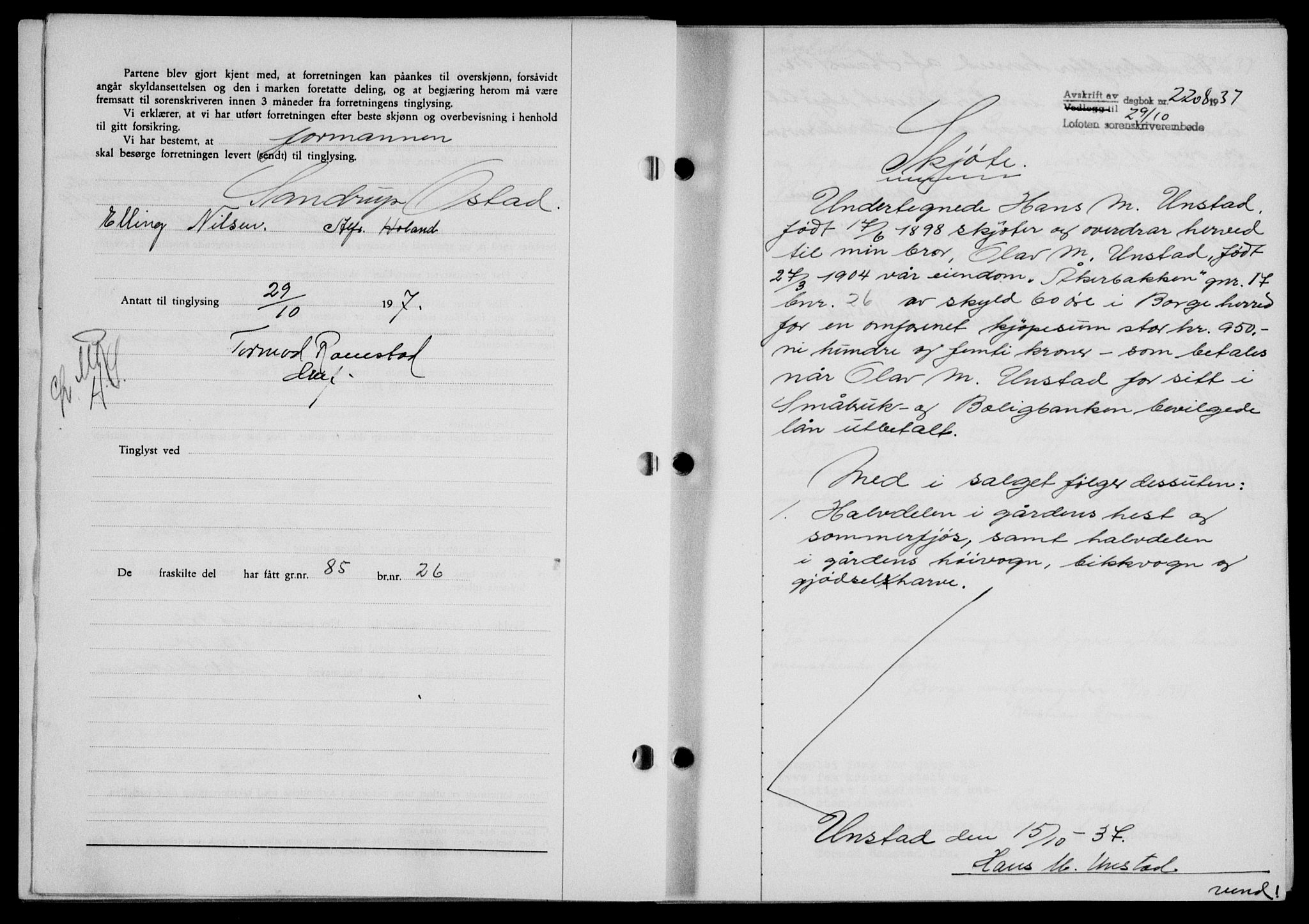 Lofoten sorenskriveri, SAT/A-0017/1/2/2C/L0003a: Mortgage book no. 3a, 1937-1938, Diary no: : 2208/1937