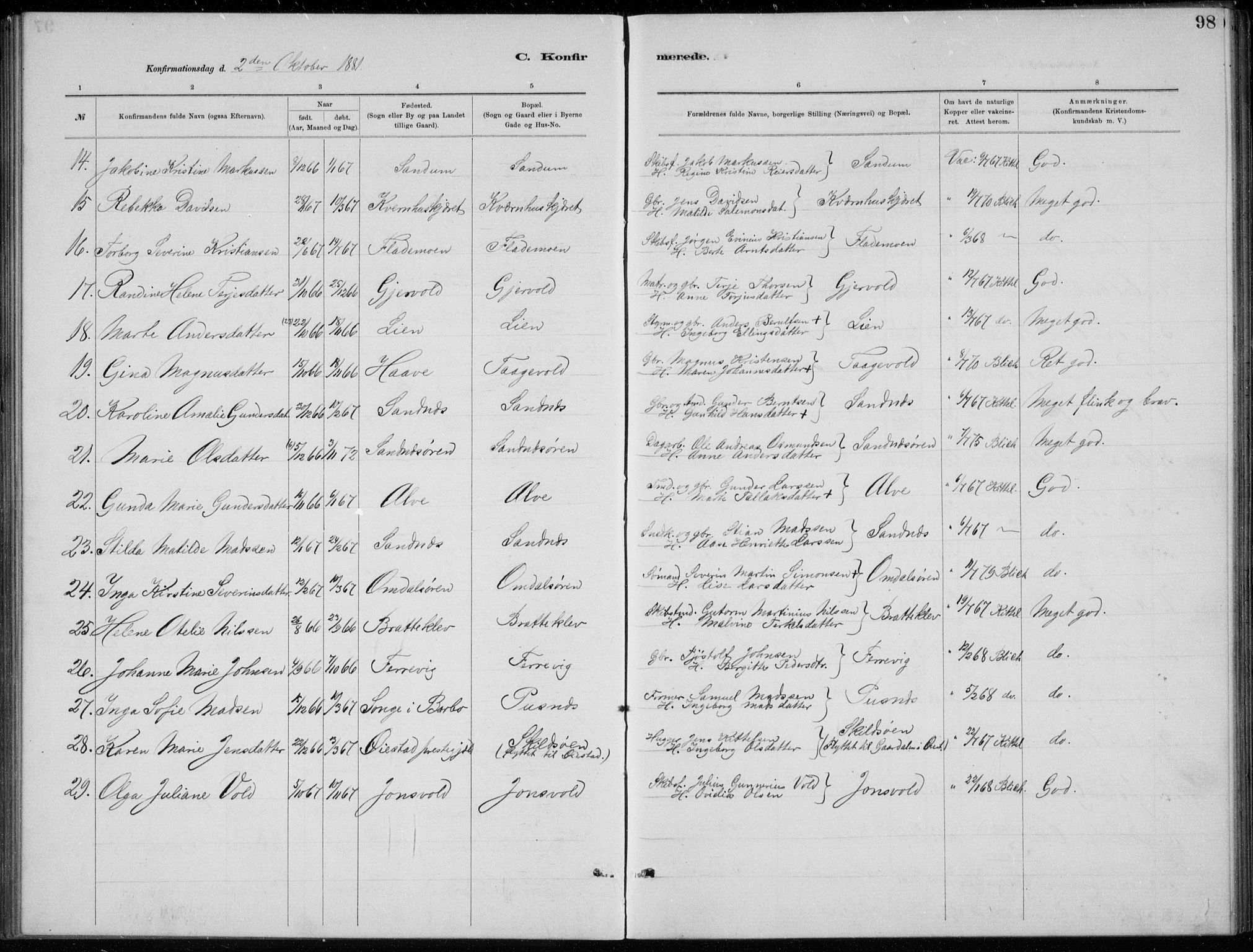 Tromøy sokneprestkontor, AV/SAK-1111-0041/F/Fb/L0005: Parish register (copy) no. B 5, 1877-1891, p. 98