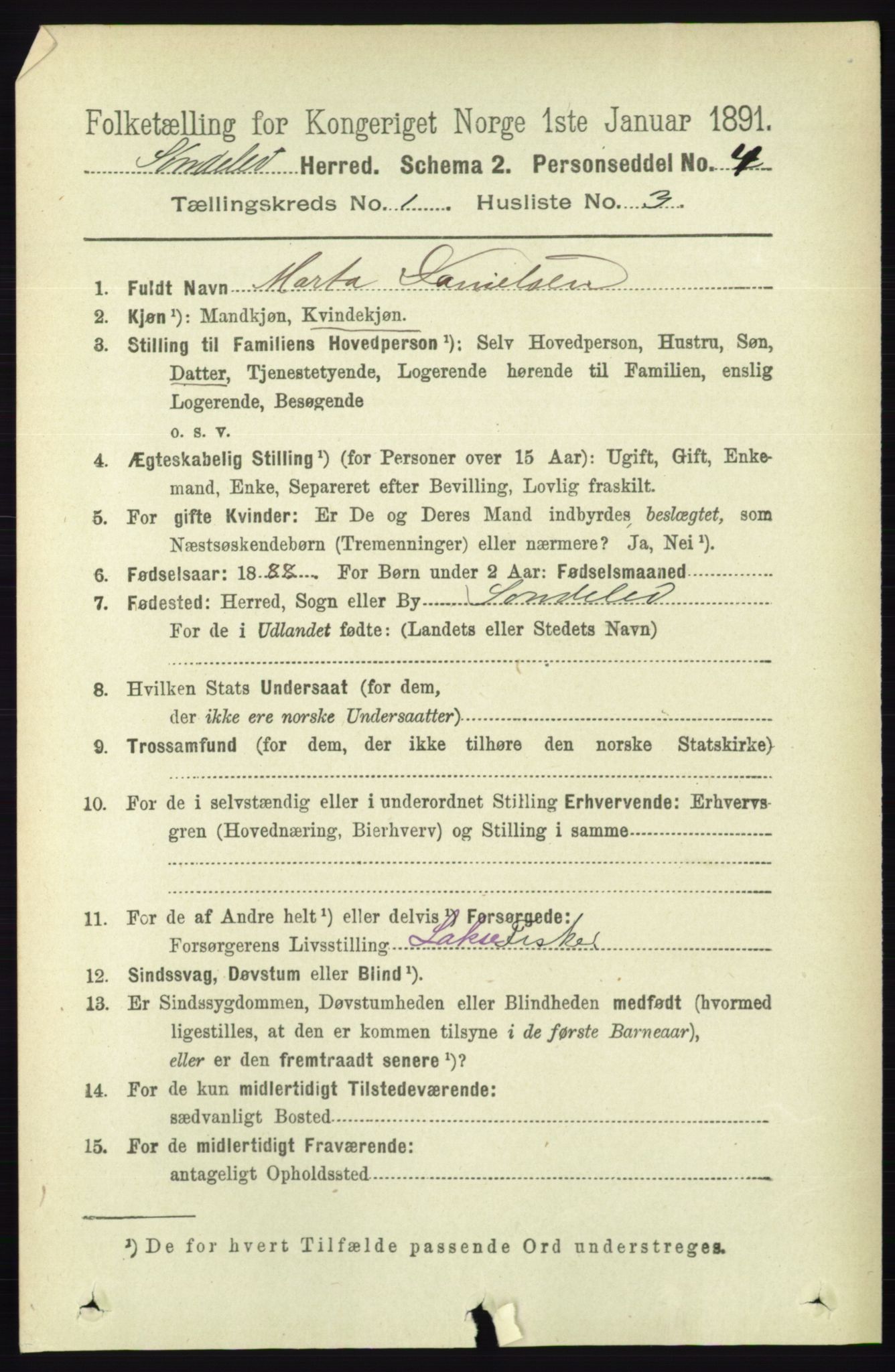 RA, 1891 census for 0913 Søndeled, 1891, p. 99