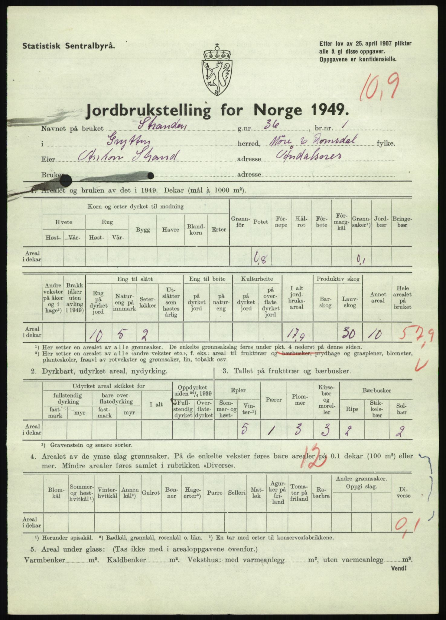 Statistisk sentralbyrå, Næringsøkonomiske emner, Jordbruk, skogbruk, jakt, fiske og fangst, AV/RA-S-2234/G/Gc/L0323: Møre og Romsdal: Grytten og Hen, 1949, p. 105