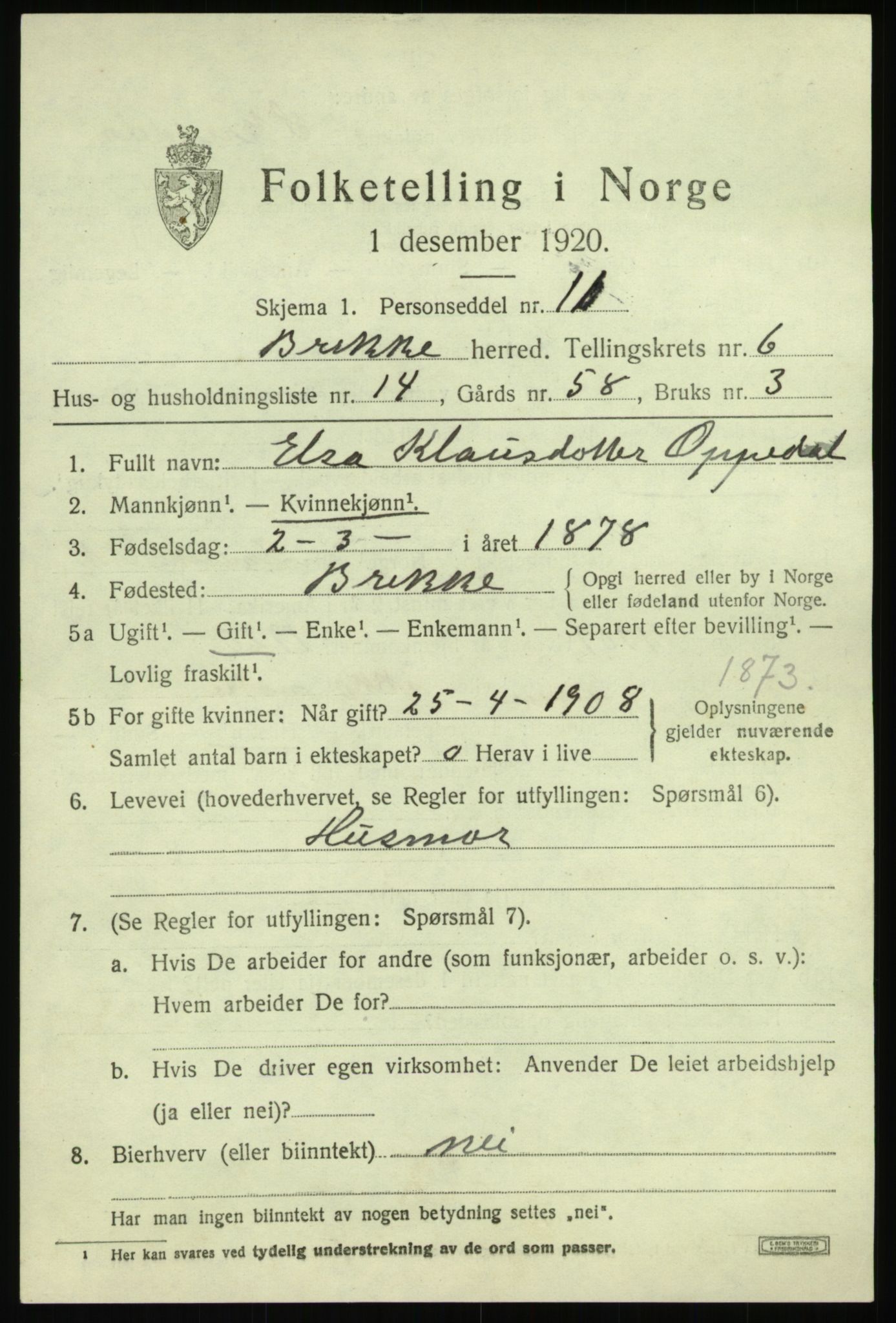 SAB, 1920 census for Brekke, 1920, p. 1476