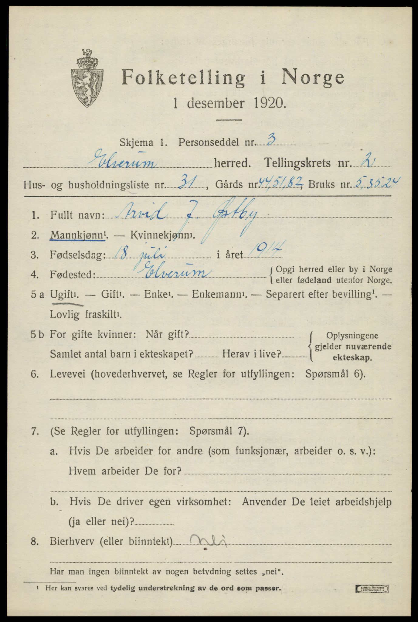 SAH, 1920 census for Elverum, 1920, p. 4886