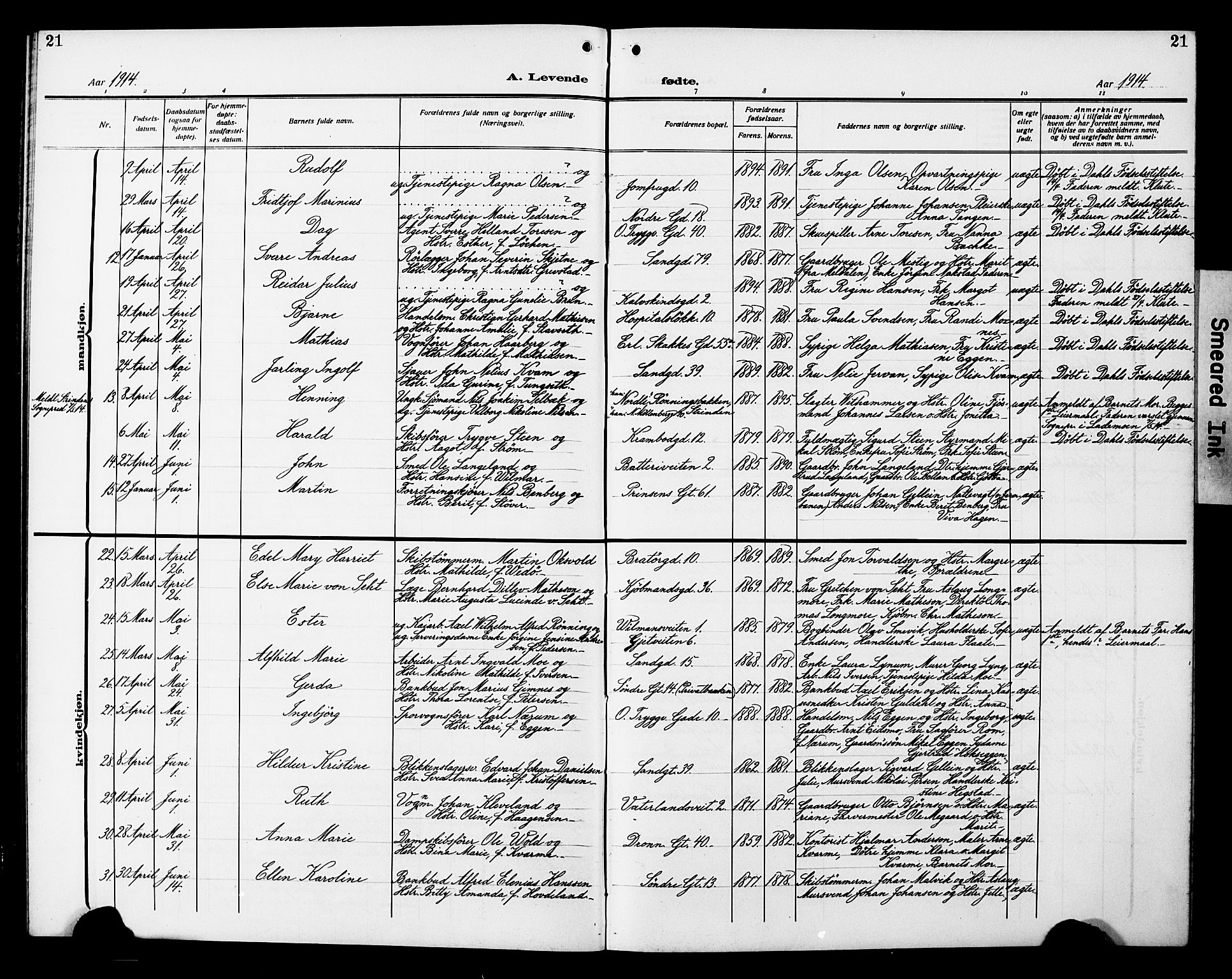 Ministerialprotokoller, klokkerbøker og fødselsregistre - Sør-Trøndelag, SAT/A-1456/602/L0147: Parish register (copy) no. 602C15, 1911-1924, p. 21