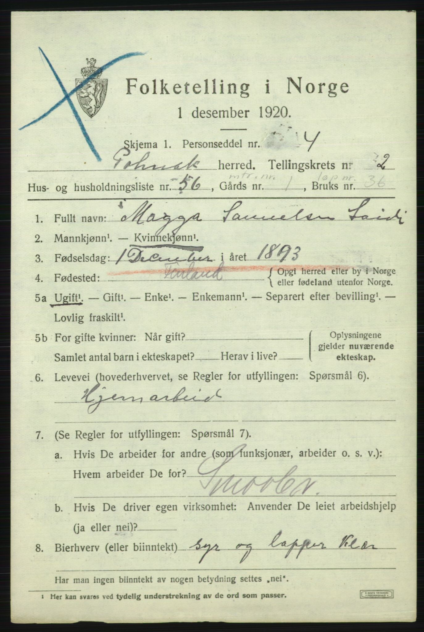 SATØ, 1920 census for Polmak, 1920, p. 1317