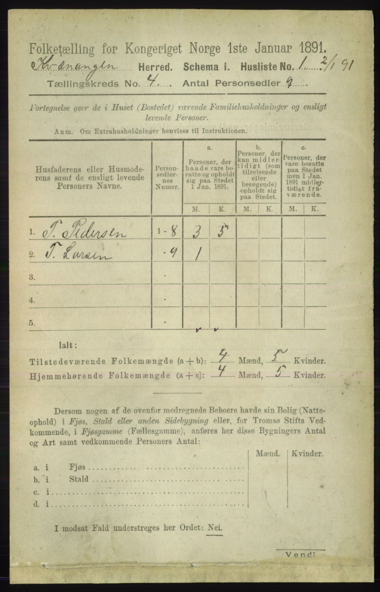 RA, 1891 census for 1943 Kvænangen, 1891, p. 1454