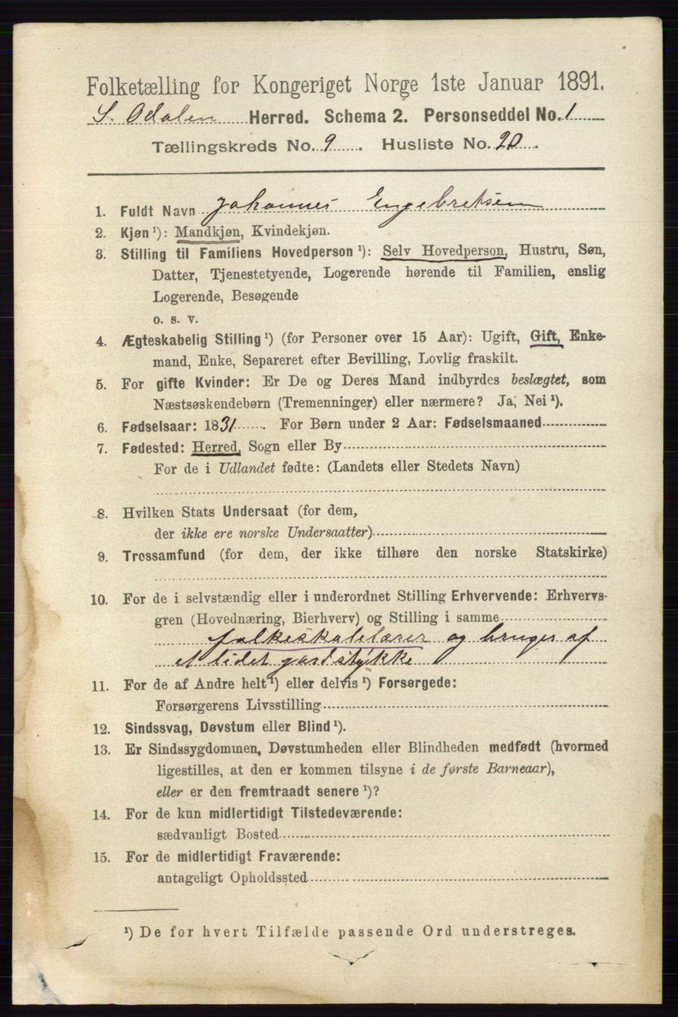 RA, 1891 census for 0419 Sør-Odal, 1891, p. 4272