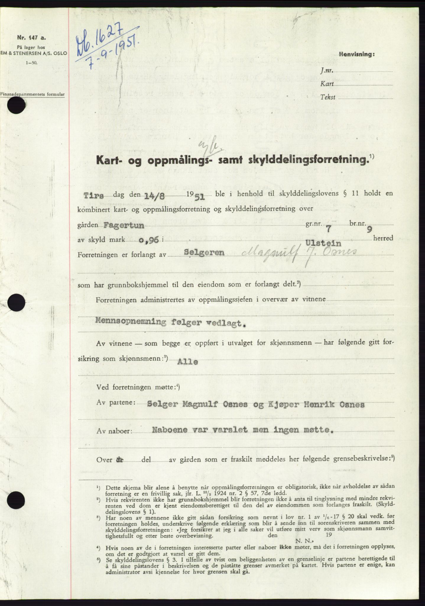 Søre Sunnmøre sorenskriveri, AV/SAT-A-4122/1/2/2C/L0089: Mortgage book no. 15A, 1951-1951, Diary no: : 1627/1951