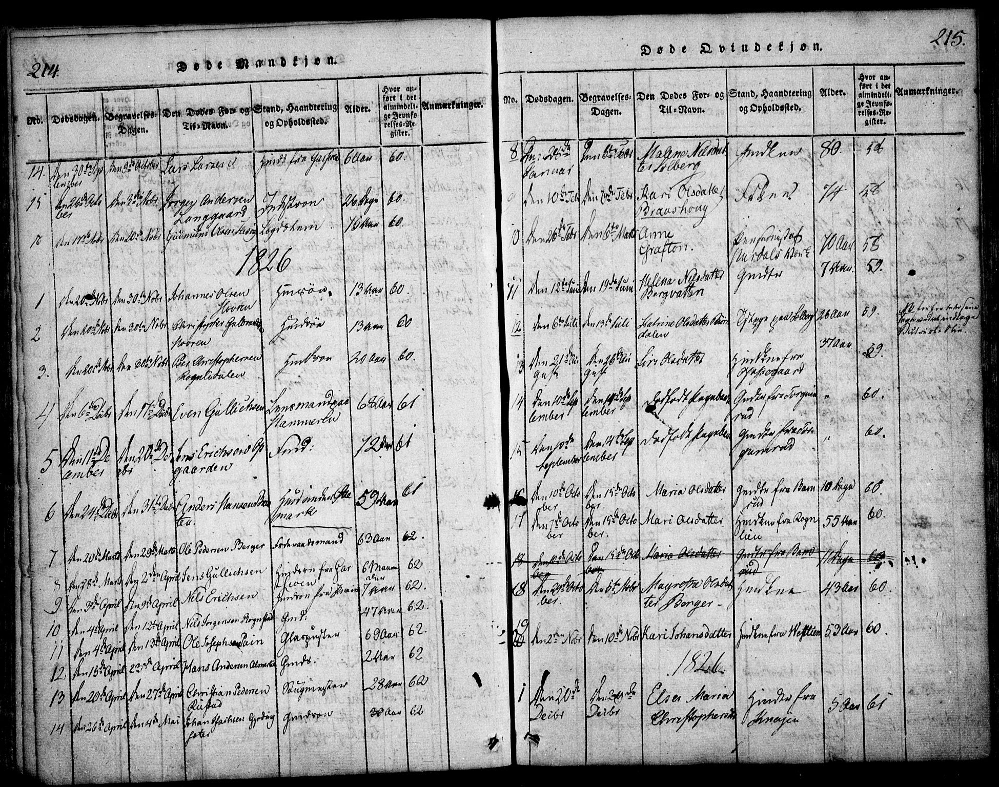 Hurdal prestekontor Kirkebøker, AV/SAO-A-10889/F/Fa/L0003: Parish register (official) no. I 3, 1815-1828, p. 214-215