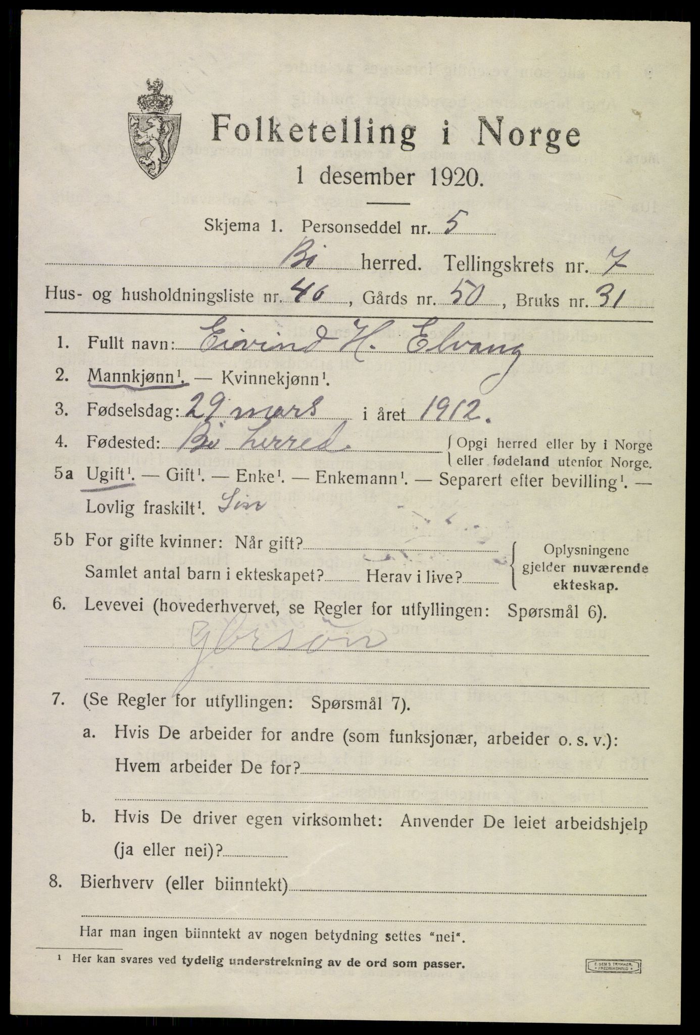 SAKO, 1920 census for Bø (Telemark), 1920, p. 5490