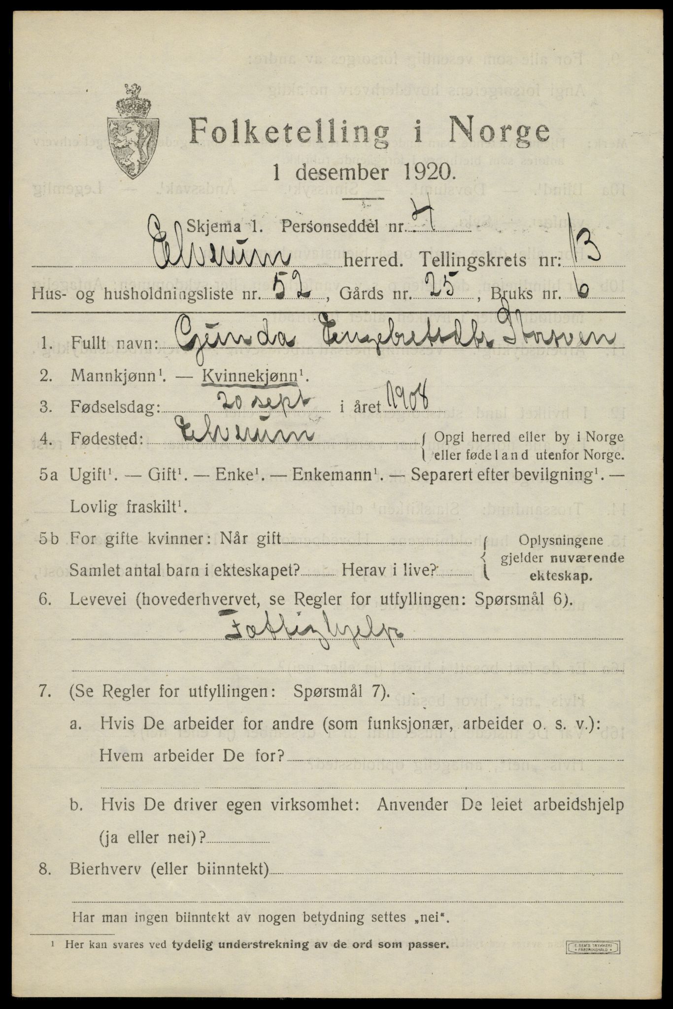 SAH, 1920 census for Elverum, 1920, p. 18000