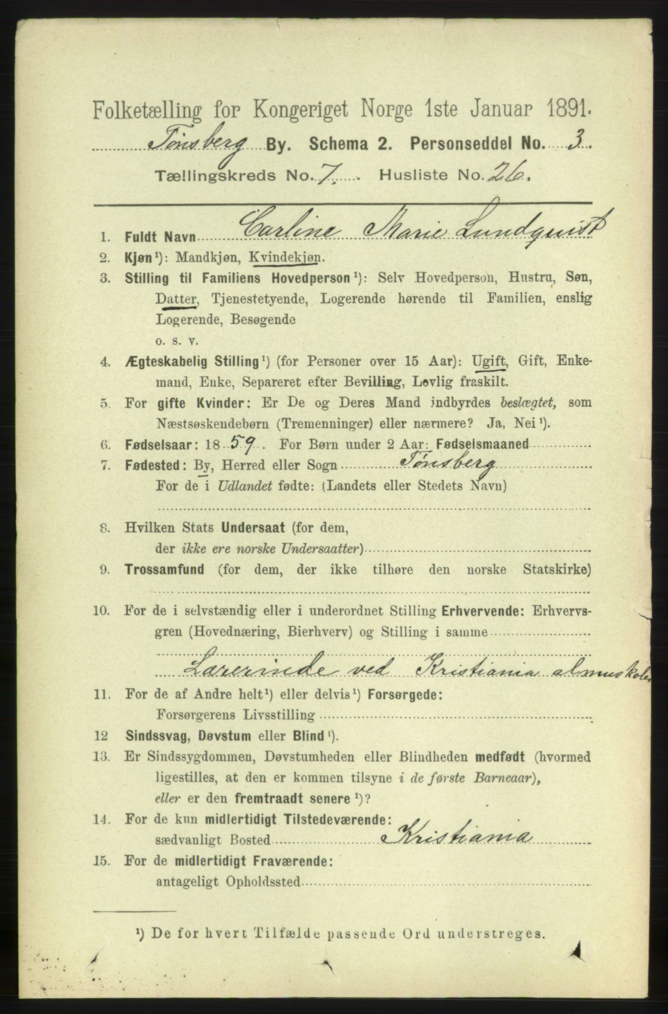 RA, 1891 census for 0705 Tønsberg, 1891, p. 3044