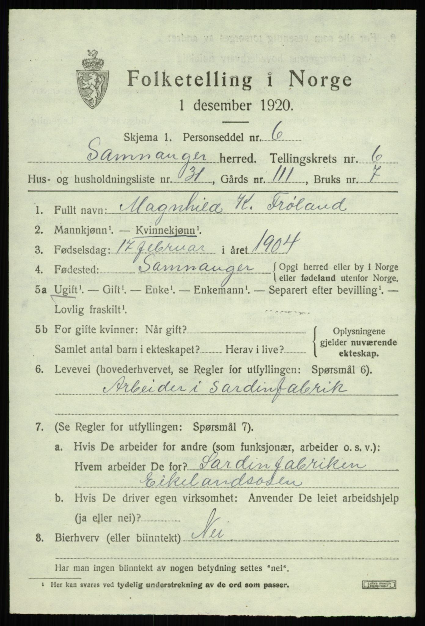 SAB, 1920 census for Samnanger, 1920, p. 2779