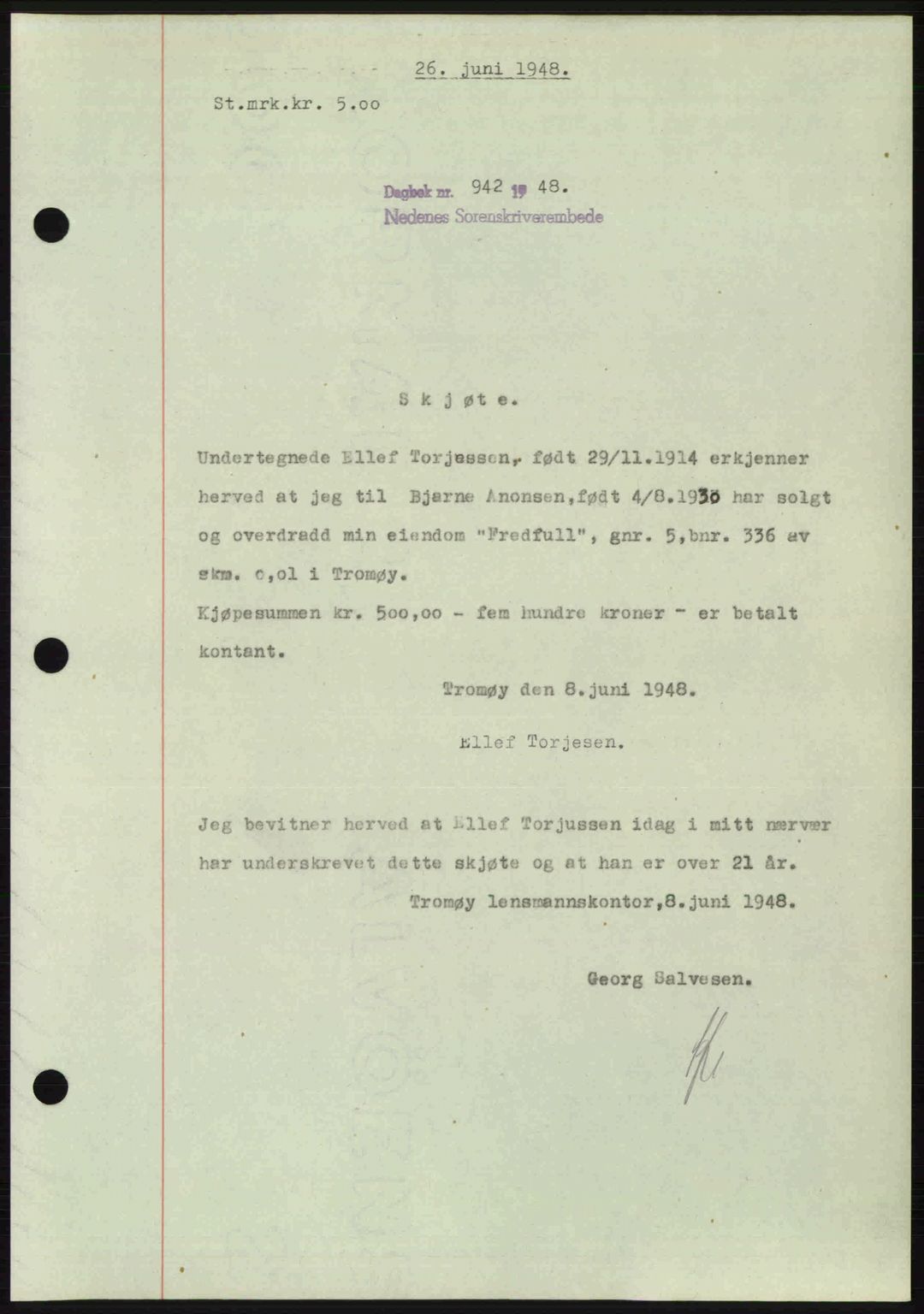 Nedenes sorenskriveri, SAK/1221-0006/G/Gb/Gba/L0059: Mortgage book no. A11, 1948-1948, Diary no: : 942/1948