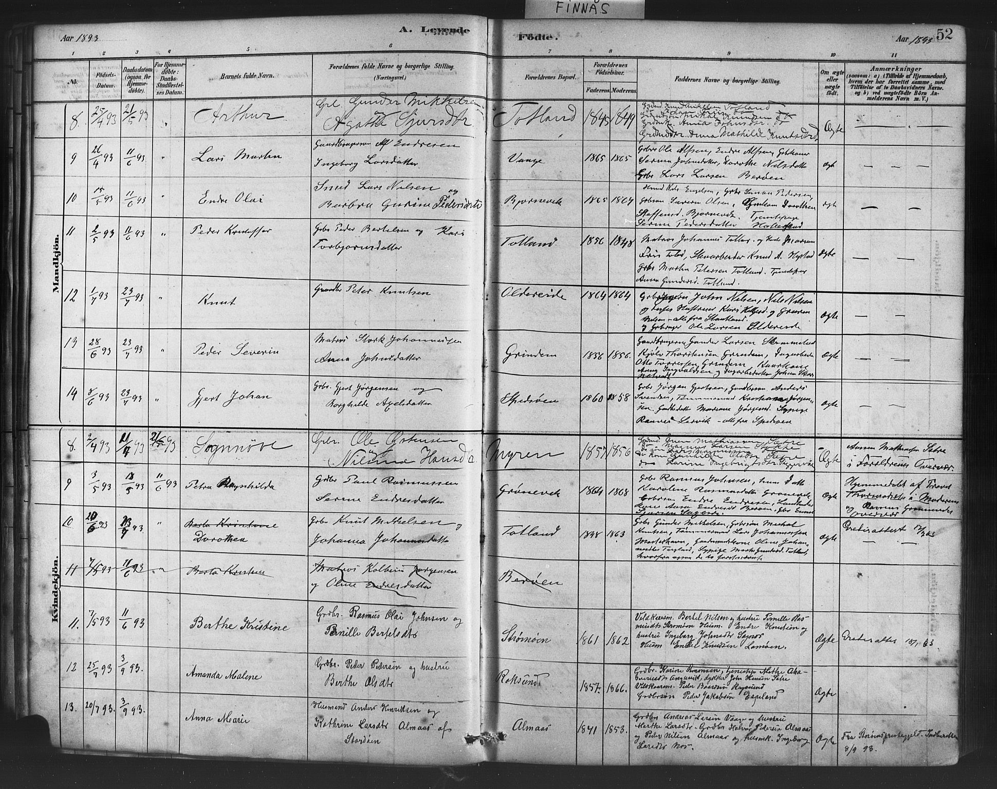 Finnås sokneprestembete, AV/SAB-A-99925/H/Ha/Haa/Haab/L0001: Parish register (official) no. B 1, 1881-1894, p. 52