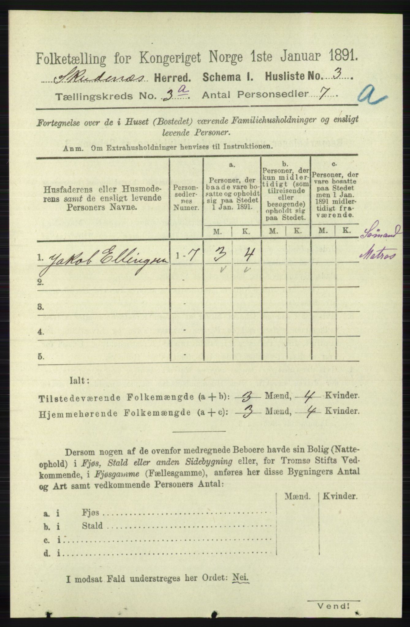 RA, 1891 census for 1150 Skudenes, 1891, p. 1333