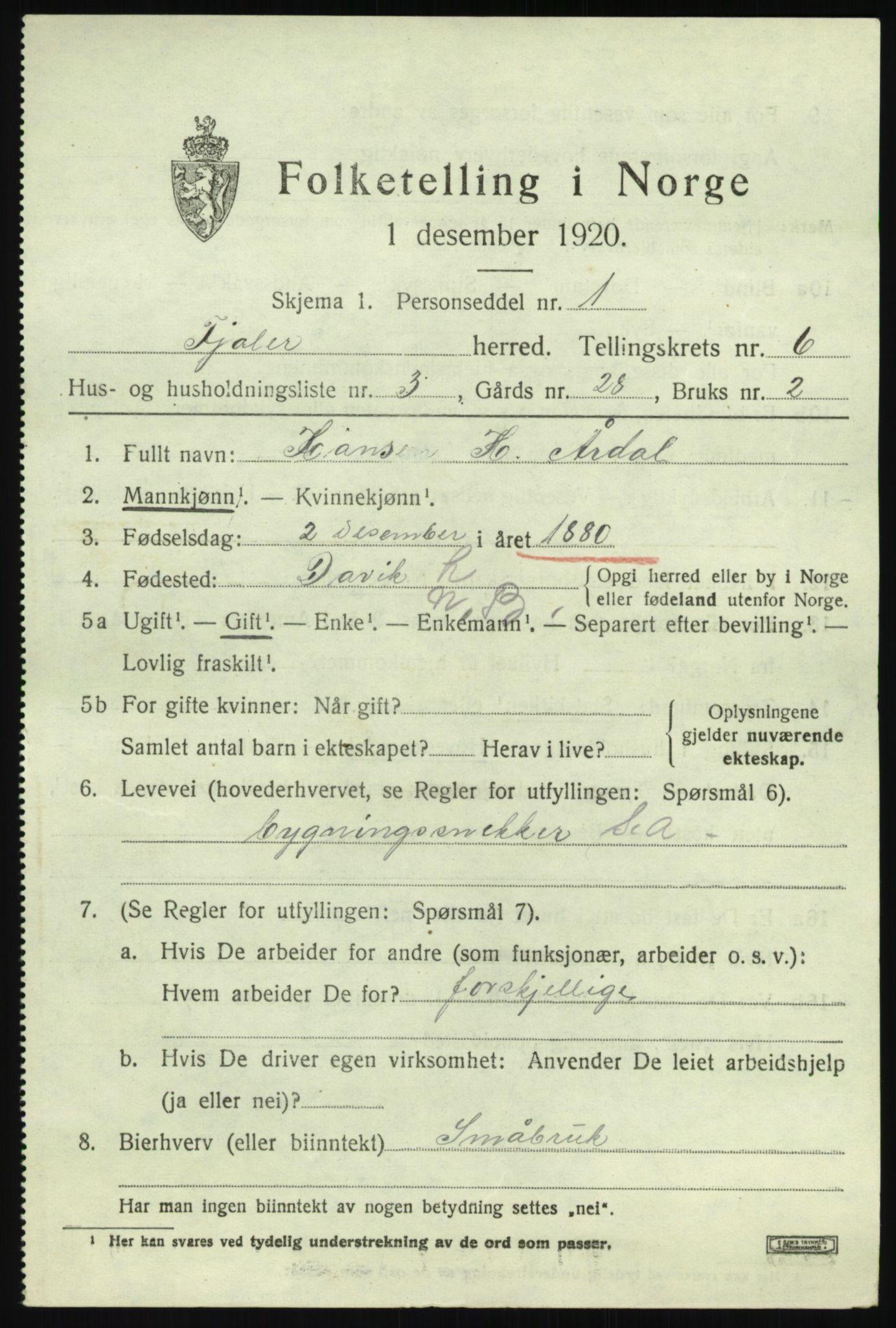 SAB, 1920 census for Fjaler, 1920, p. 3779