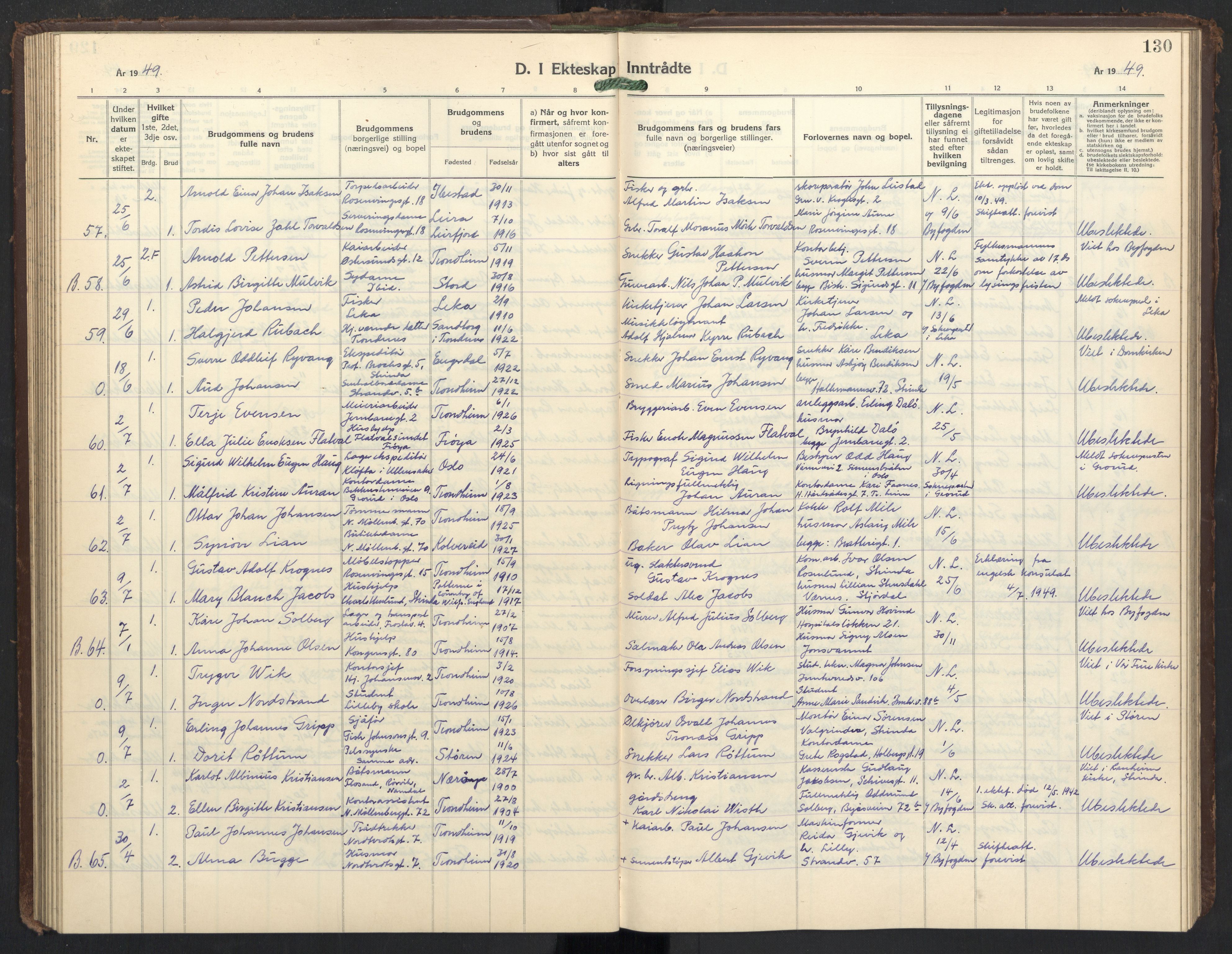 Ministerialprotokoller, klokkerbøker og fødselsregistre - Sør-Trøndelag, SAT/A-1456/605/L0263: Parish register (copy) no. 605C10, 1938-1949, p. 130