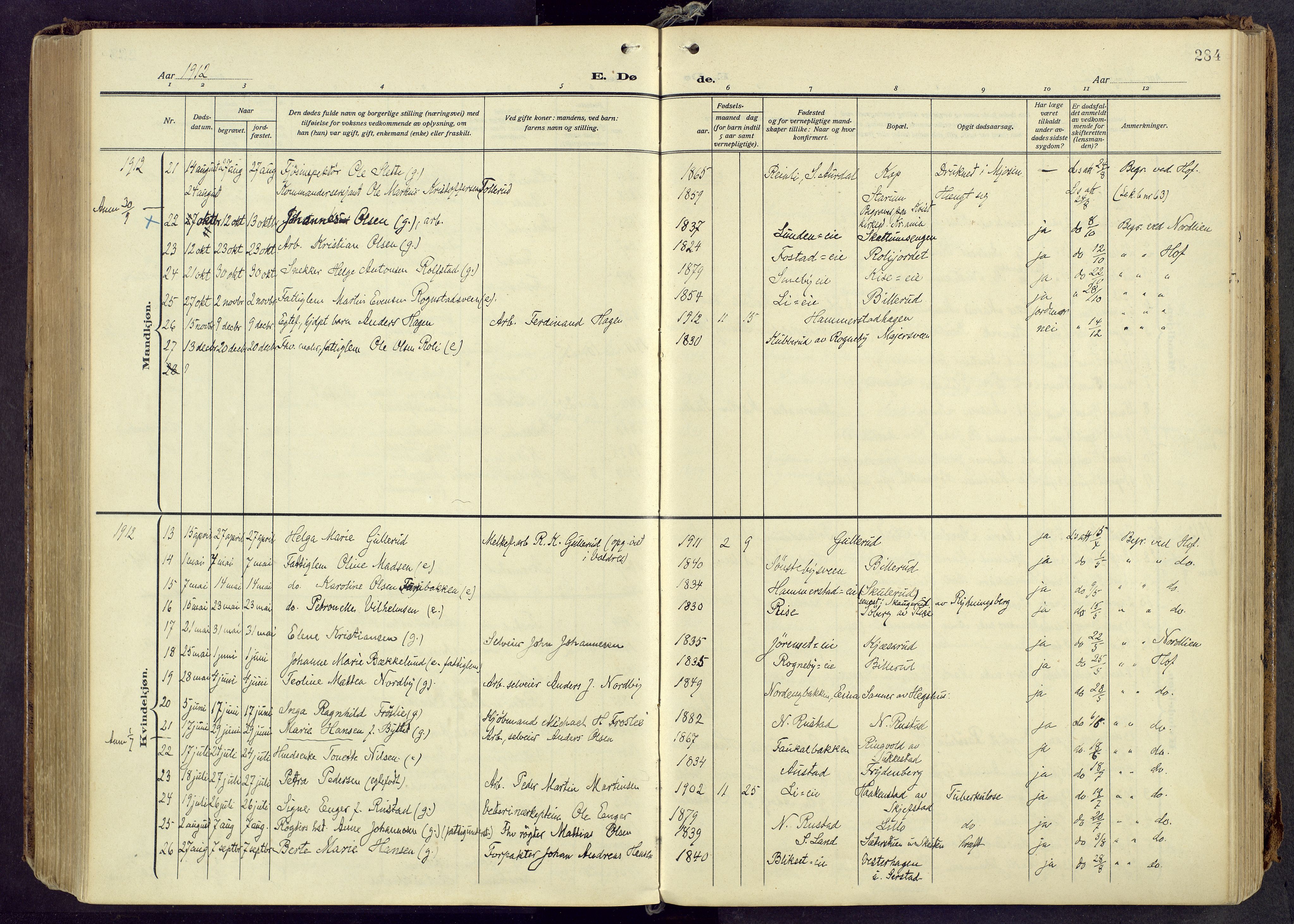 Østre Toten prestekontor, AV/SAH-PREST-104/H/Ha/Haa/L0010: Parish register (official) no. 10, 1910-1920, p. 284