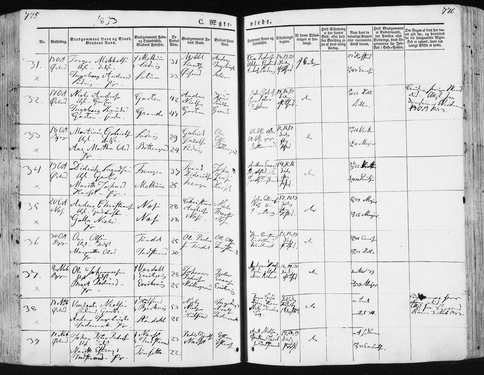 Ministerialprotokoller, klokkerbøker og fødselsregistre - Sør-Trøndelag, SAT/A-1456/659/L0736: Parish register (official) no. 659A06, 1842-1856, p. 775-776
