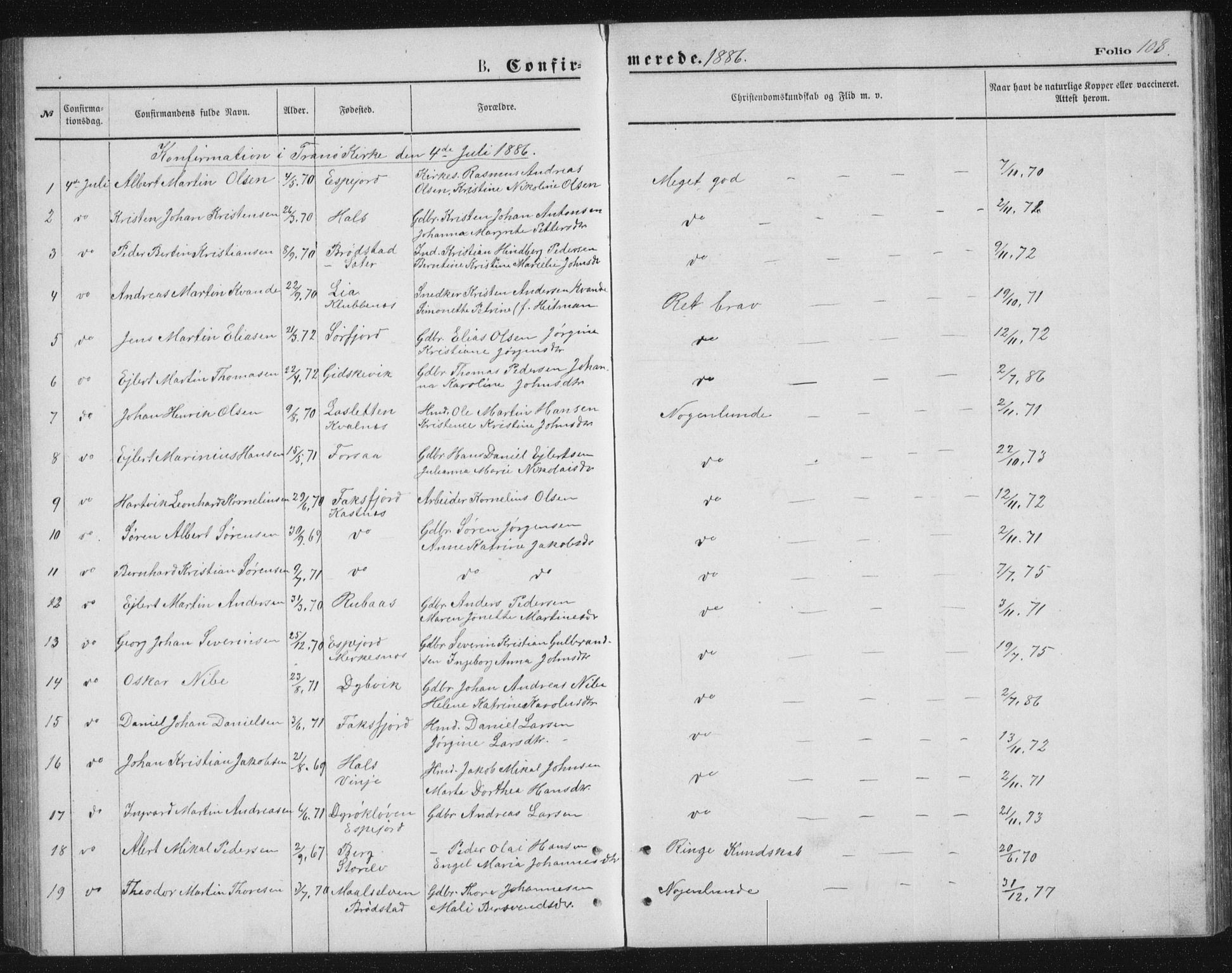 Tranøy sokneprestkontor, AV/SATØ-S-1313/I/Ia/Iab/L0013klokker: Parish register (copy) no. 13, 1874-1896, p. 108