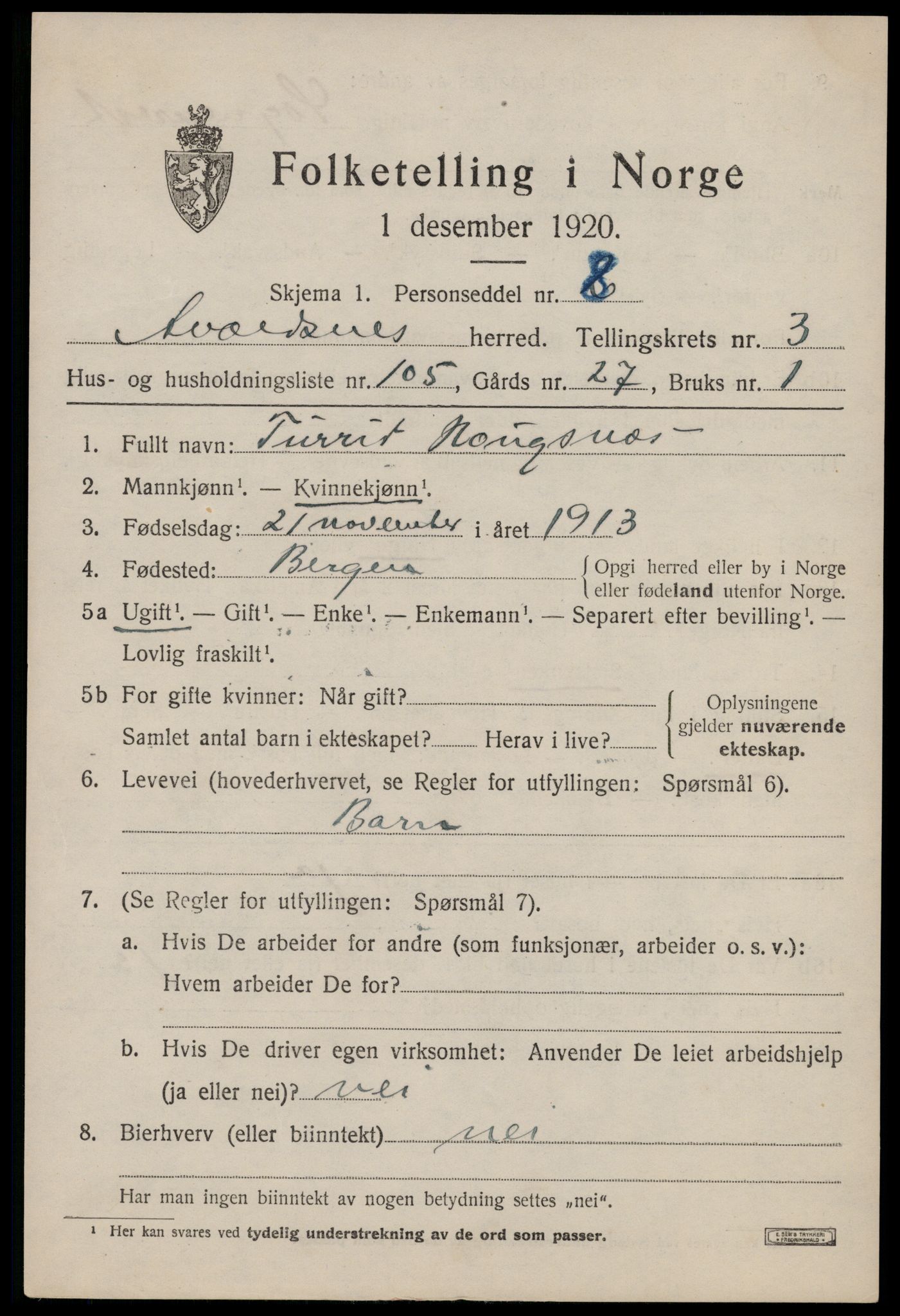 SAST, 1920 census for Avaldsnes, 1920, p. 4025