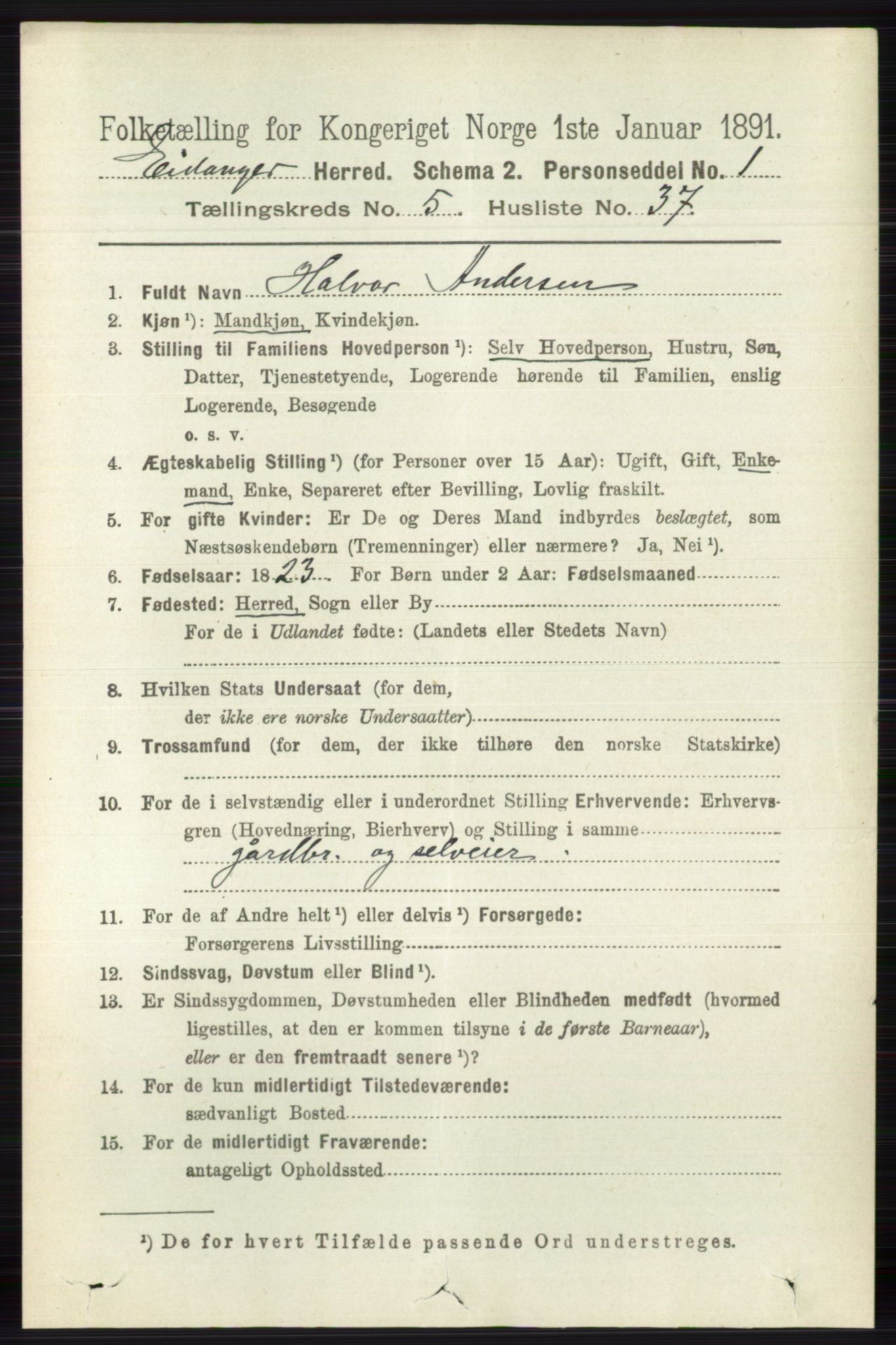 RA, 1891 census for 0813 Eidanger, 1891, p. 2537