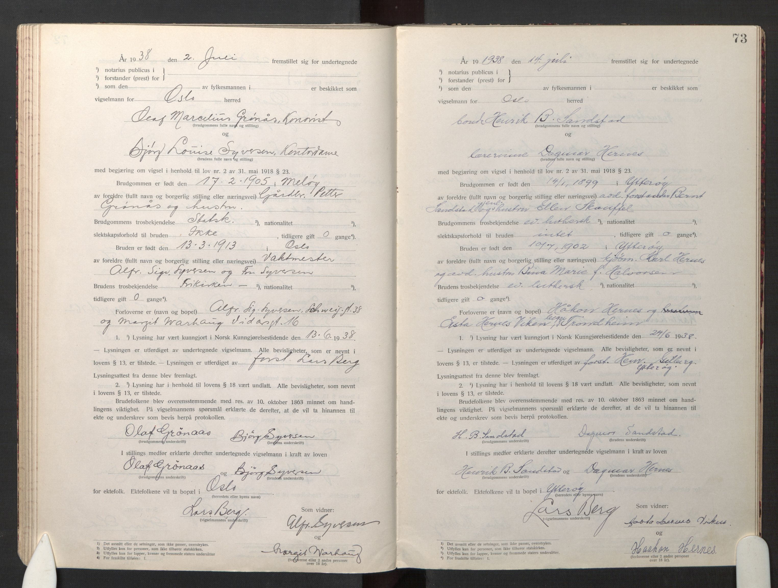 Den evangelisk-lutherske frikirke østre menighet, Oslo, AV/SAO-PAO-0245/F/L0005: Marriage register (dissenter) no. 5, 1920-1941, p. 73