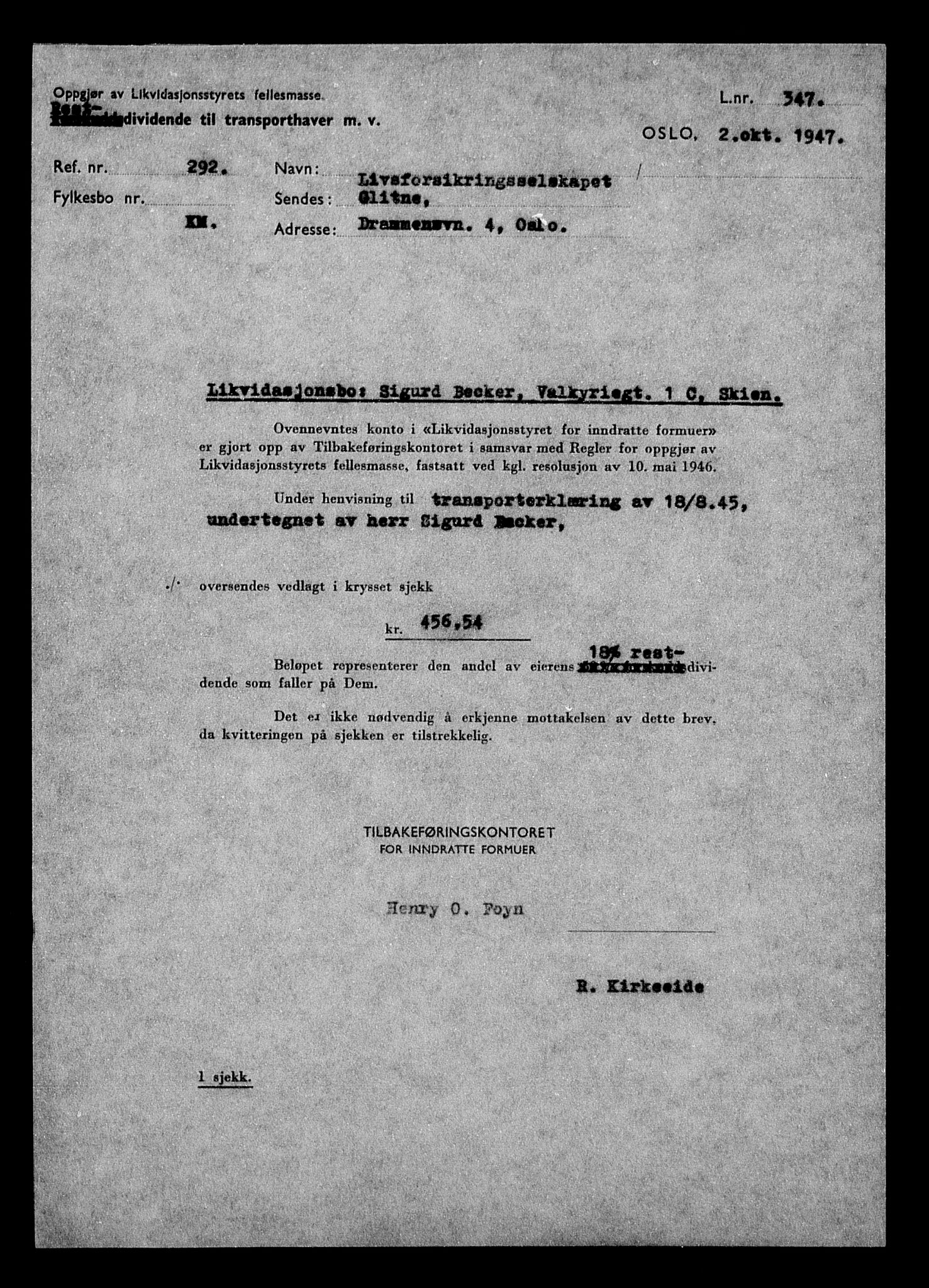 Justisdepartementet, Tilbakeføringskontoret for inndratte formuer, AV/RA-S-1564/H/Hc/Hcd/L0991: --, 1945-1947, p. 5