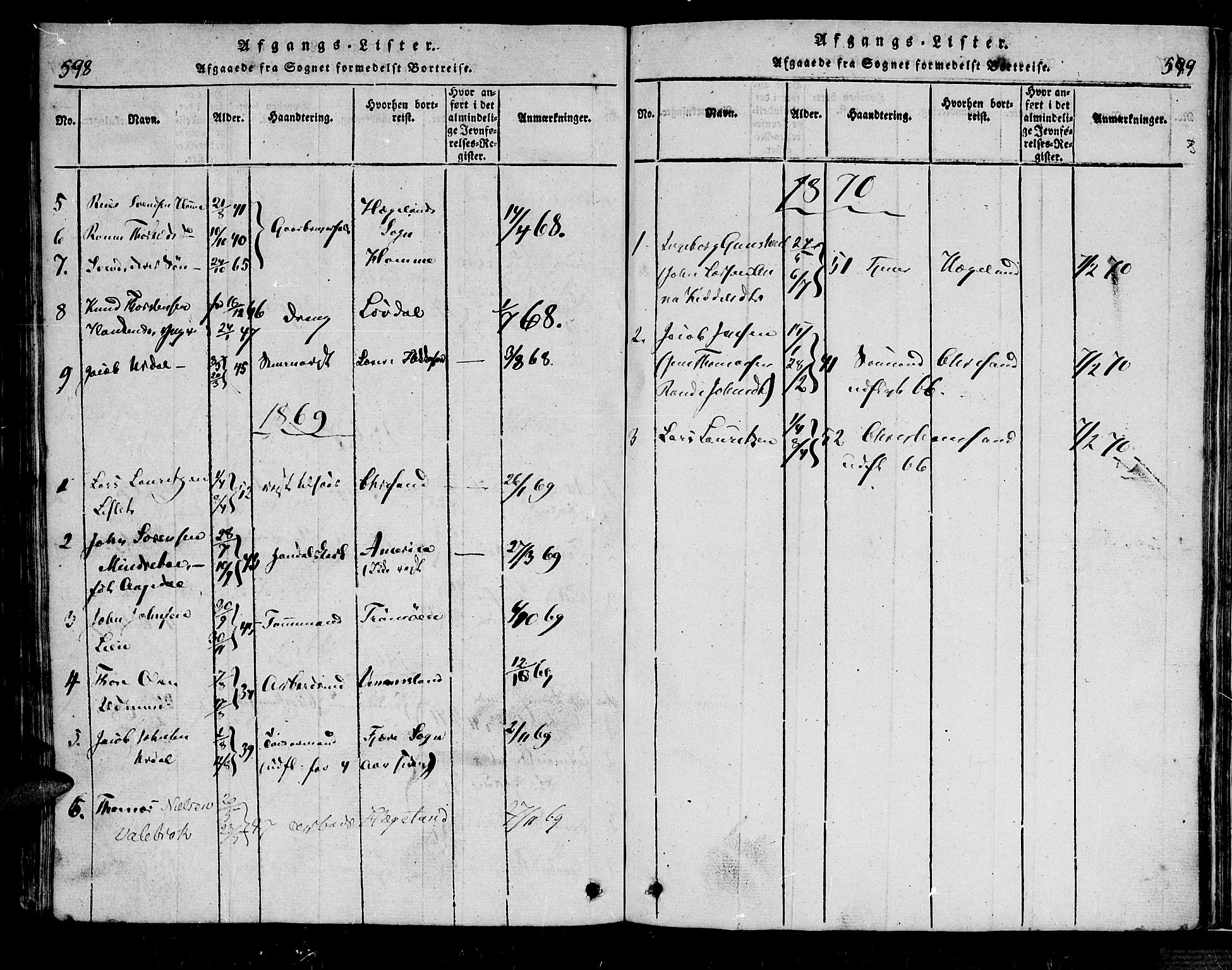 Bjelland sokneprestkontor, AV/SAK-1111-0005/F/Fa/Faa/L0002: Parish register (official) no. A 2, 1816-1866, p. 598-599