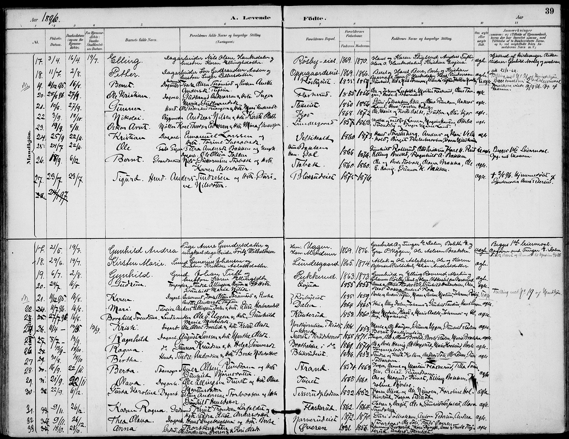 Lunder kirkebøker, AV/SAKO-A-629/F/Fa/L0001: Parish register (official) no. I 1, 1885-1912, p. 39