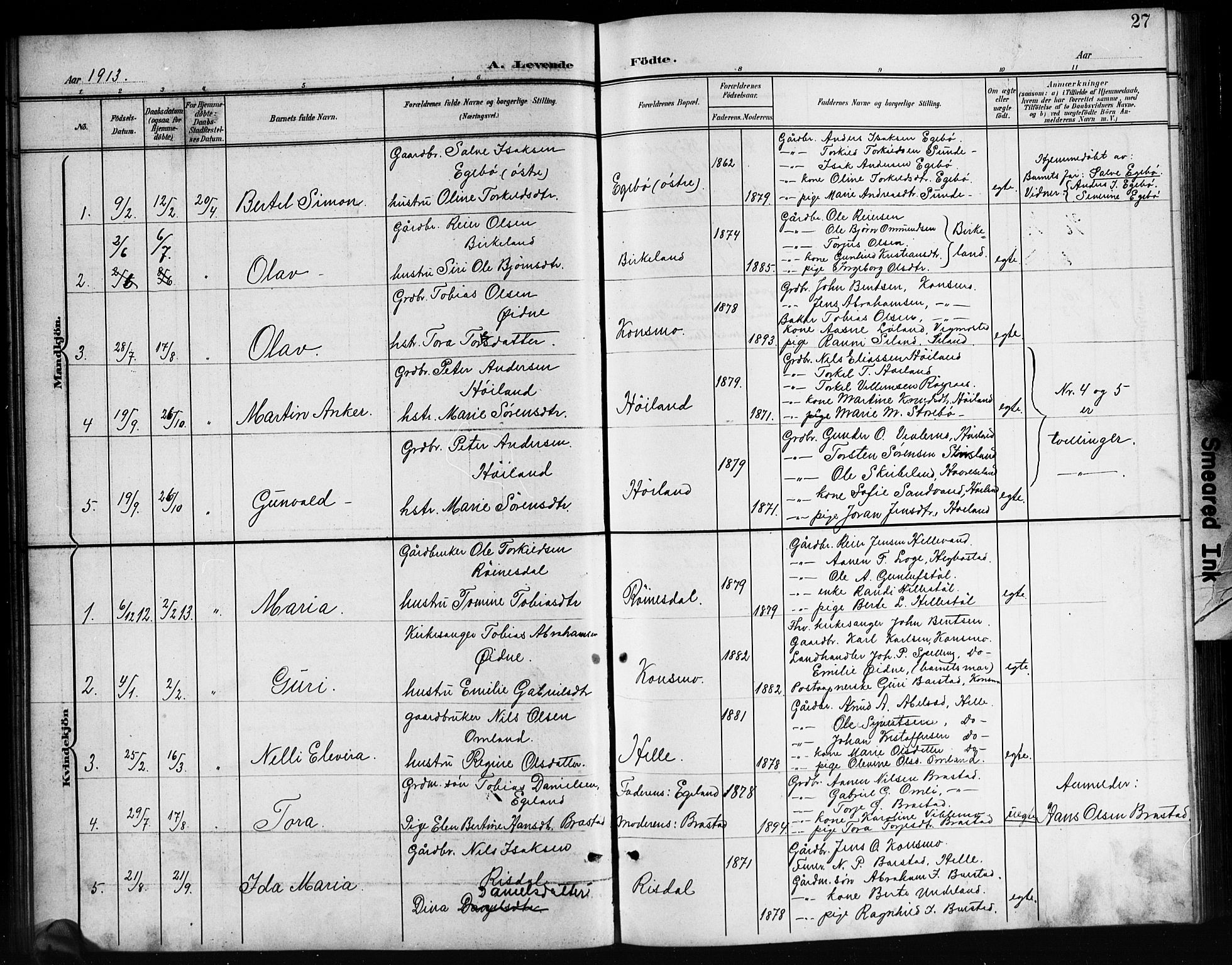 Nord-Audnedal sokneprestkontor, AV/SAK-1111-0032/F/Fb/Fba/L0004: Parish register (copy) no. B 4, 1901-1917, p. 27