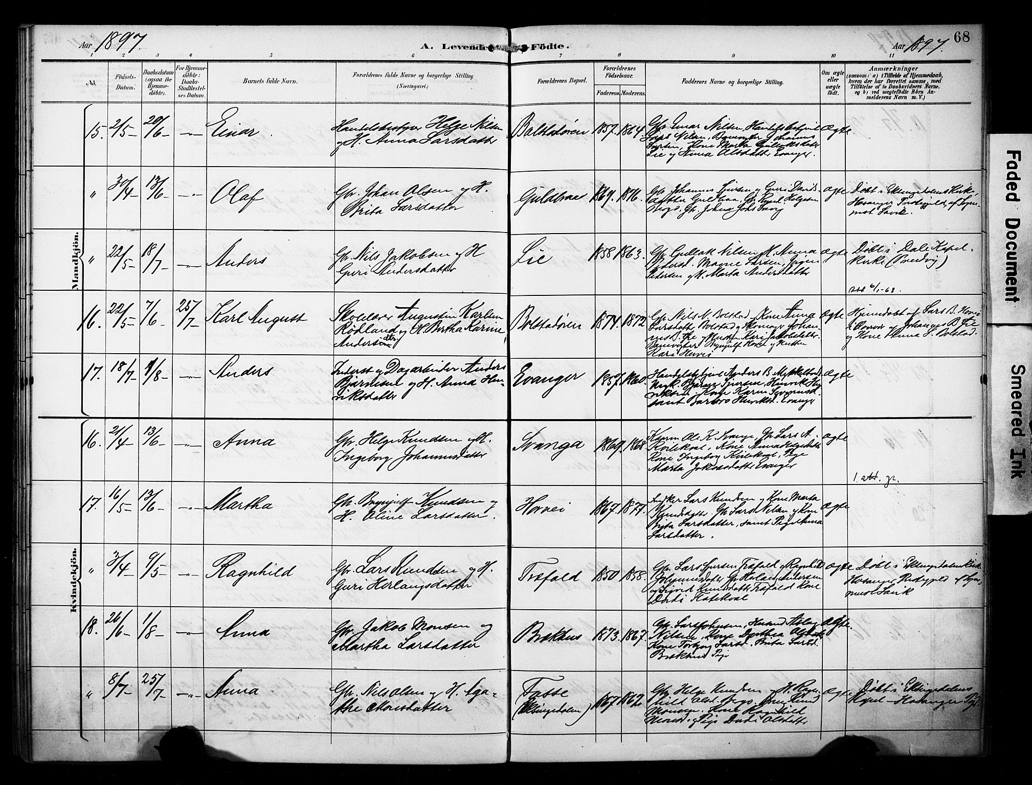 Evanger sokneprestembete, AV/SAB-A-99924: Parish register (official) no. A 2, 1892-1899, p. 68