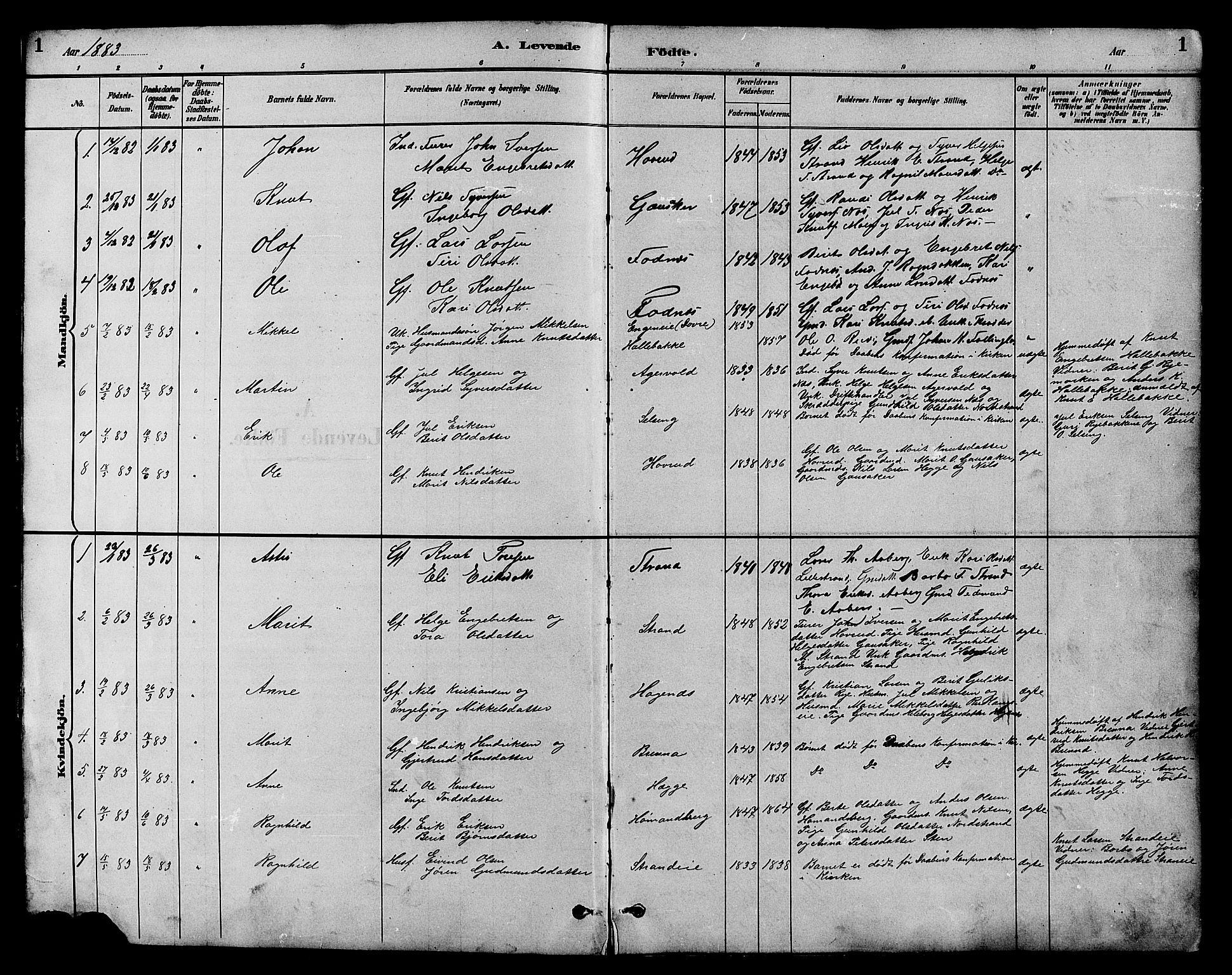 Nord-Aurdal prestekontor, SAH/PREST-132/H/Ha/Hab/L0007: Parish register (copy) no. 7, 1883-1910, p. 1