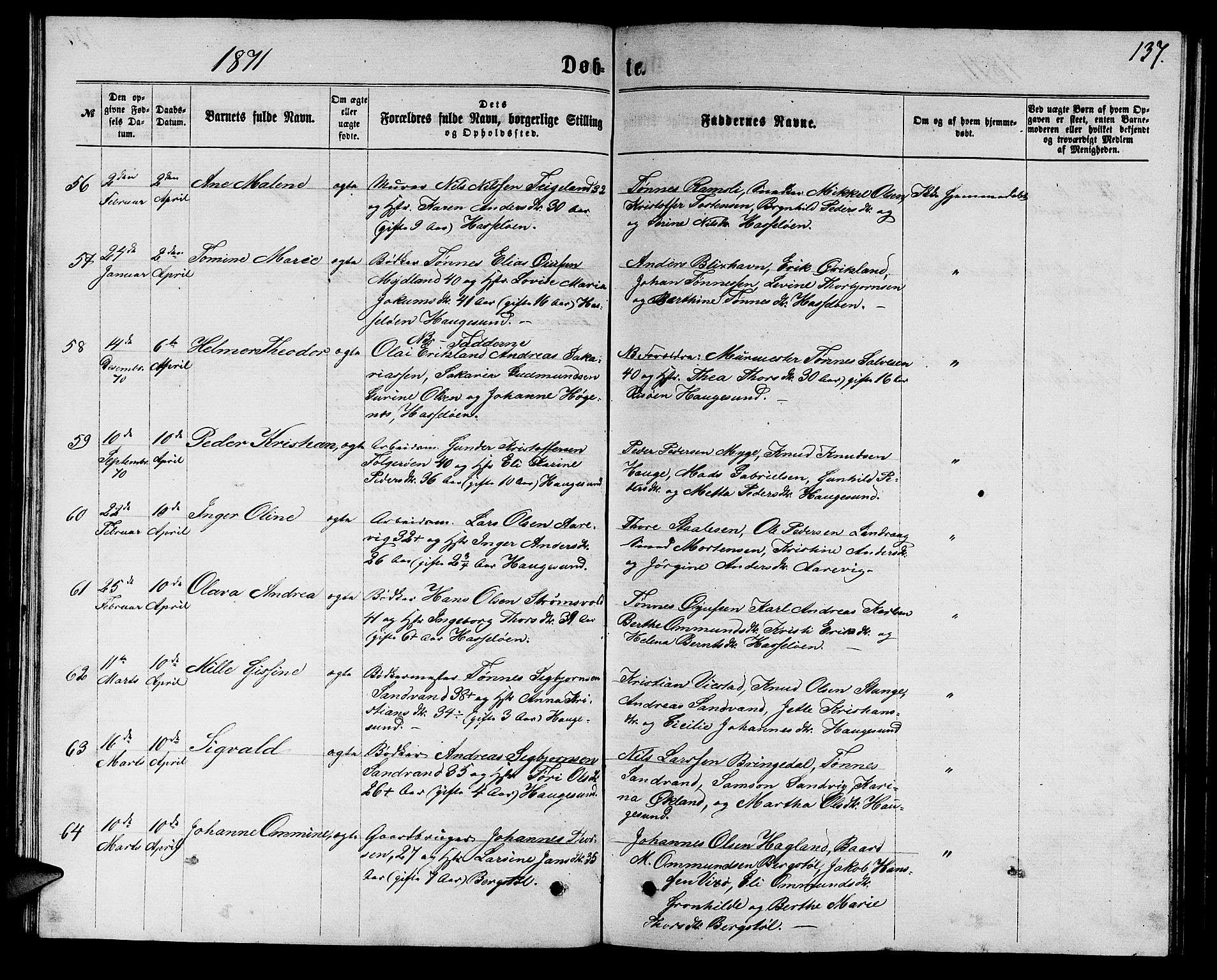 Torvastad sokneprestkontor, SAST/A -101857/H/Ha/Hab/L0007: Parish register (copy) no. B 7, 1866-1873, p. 137