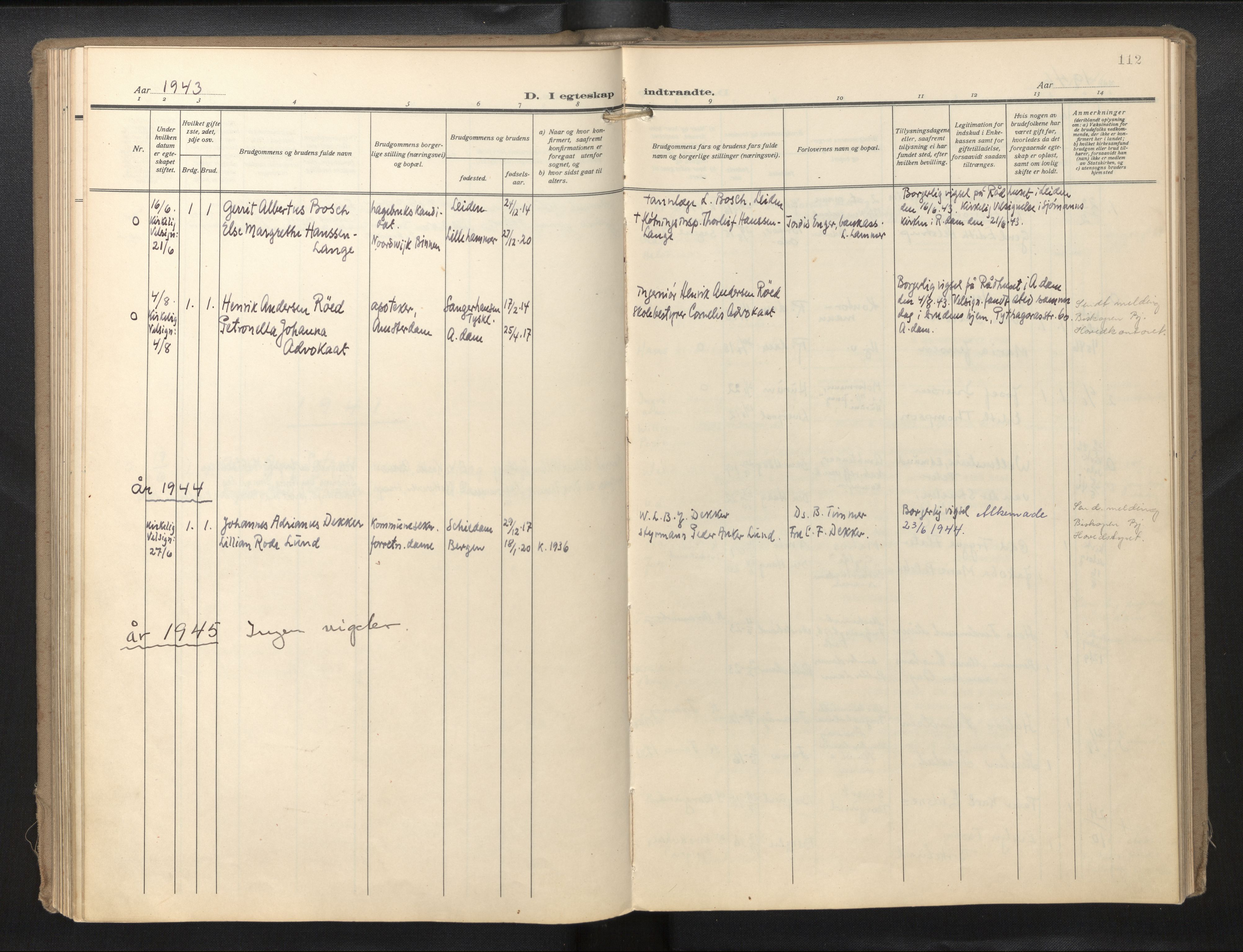 Den norske sjømannsmisjon i utlandet/Hollandske havner (Amsterdam-Rotterdam-Europort), SAB/SAB/PA-0106/H/Ha/Haa/L0004: Parish register (official) no. A 1, 1928-1956, p. 111b-112a