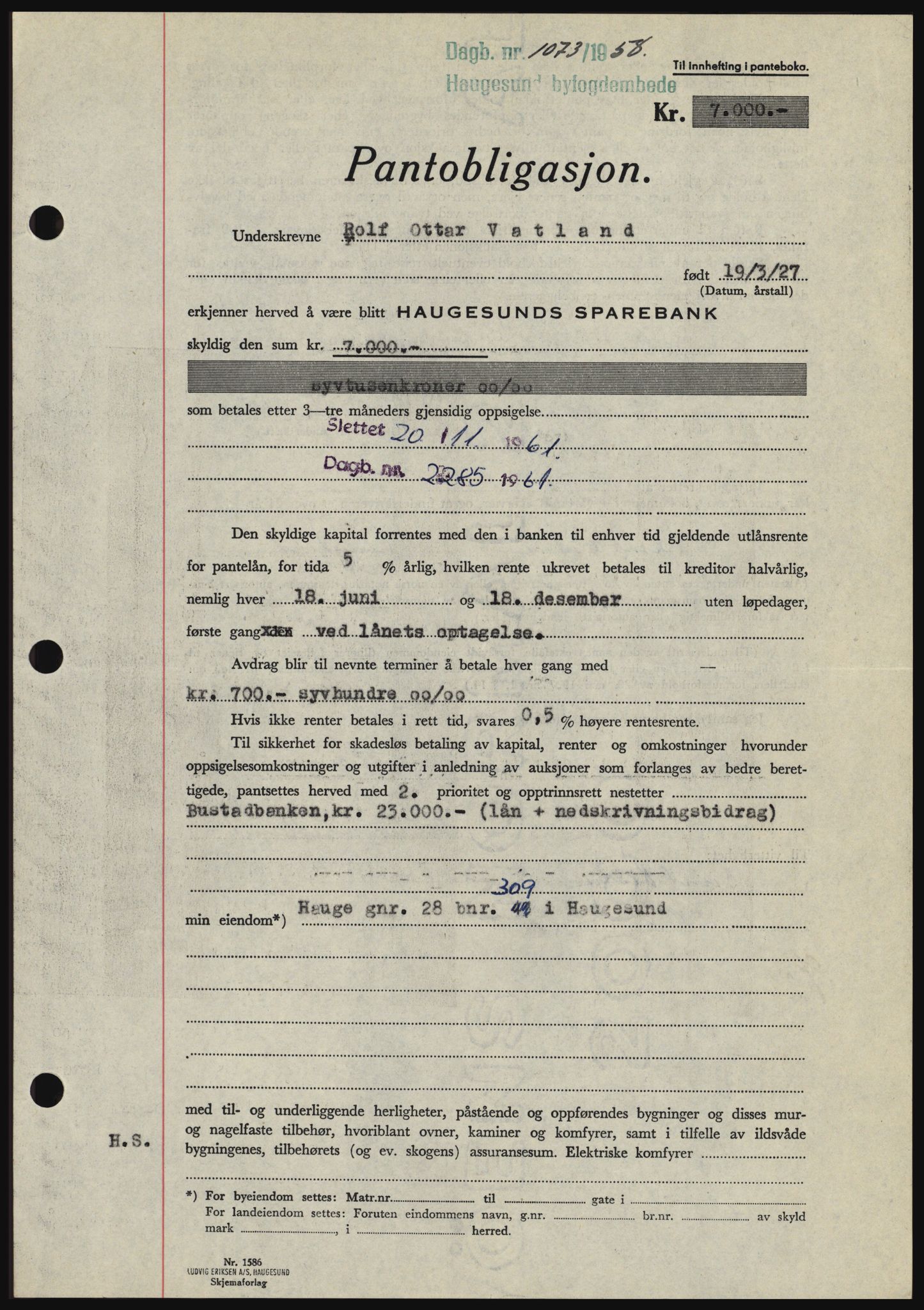 Haugesund tingrett, SAST/A-101415/01/II/IIC/L0044: Mortgage book no. B 44, 1958-1959, Diary no: : 1073/1958