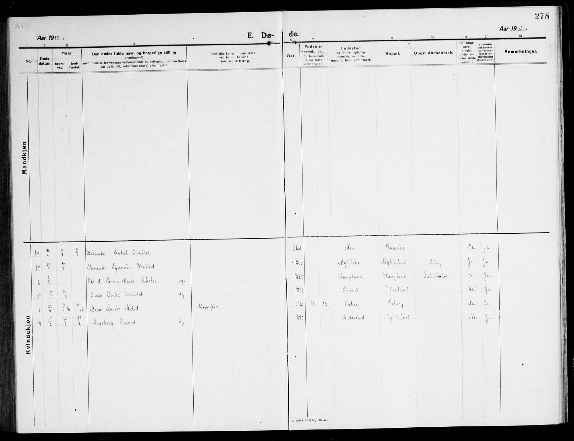 Kvinnherad sokneprestembete, AV/SAB-A-76401/H/Hab: Parish register (copy) no. A 3, 1911-1945, p. 278