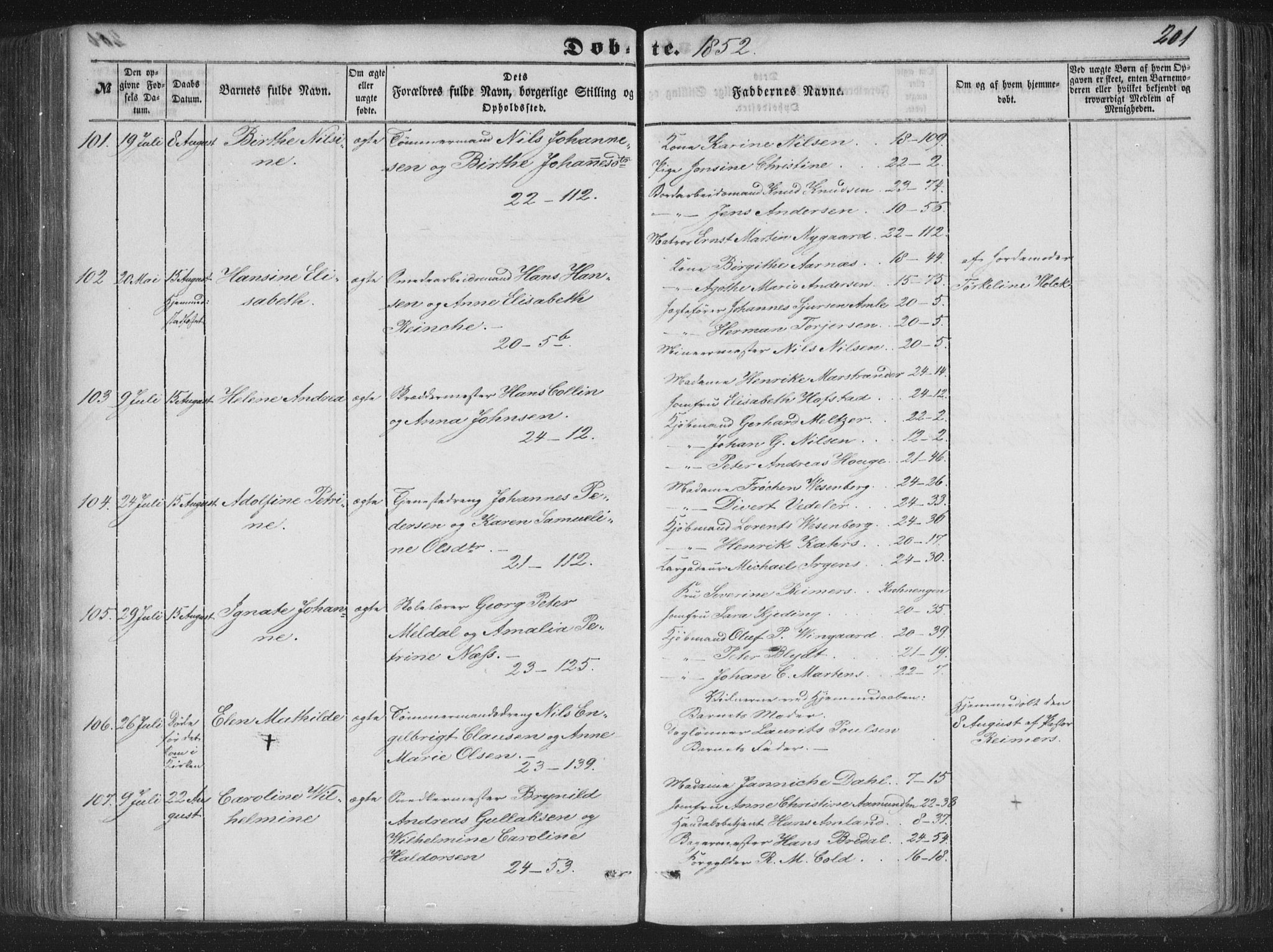 Korskirken sokneprestembete, SAB/A-76101/H/Haa/L0017: Parish register (official) no. B 3, 1851-1857, p. 201