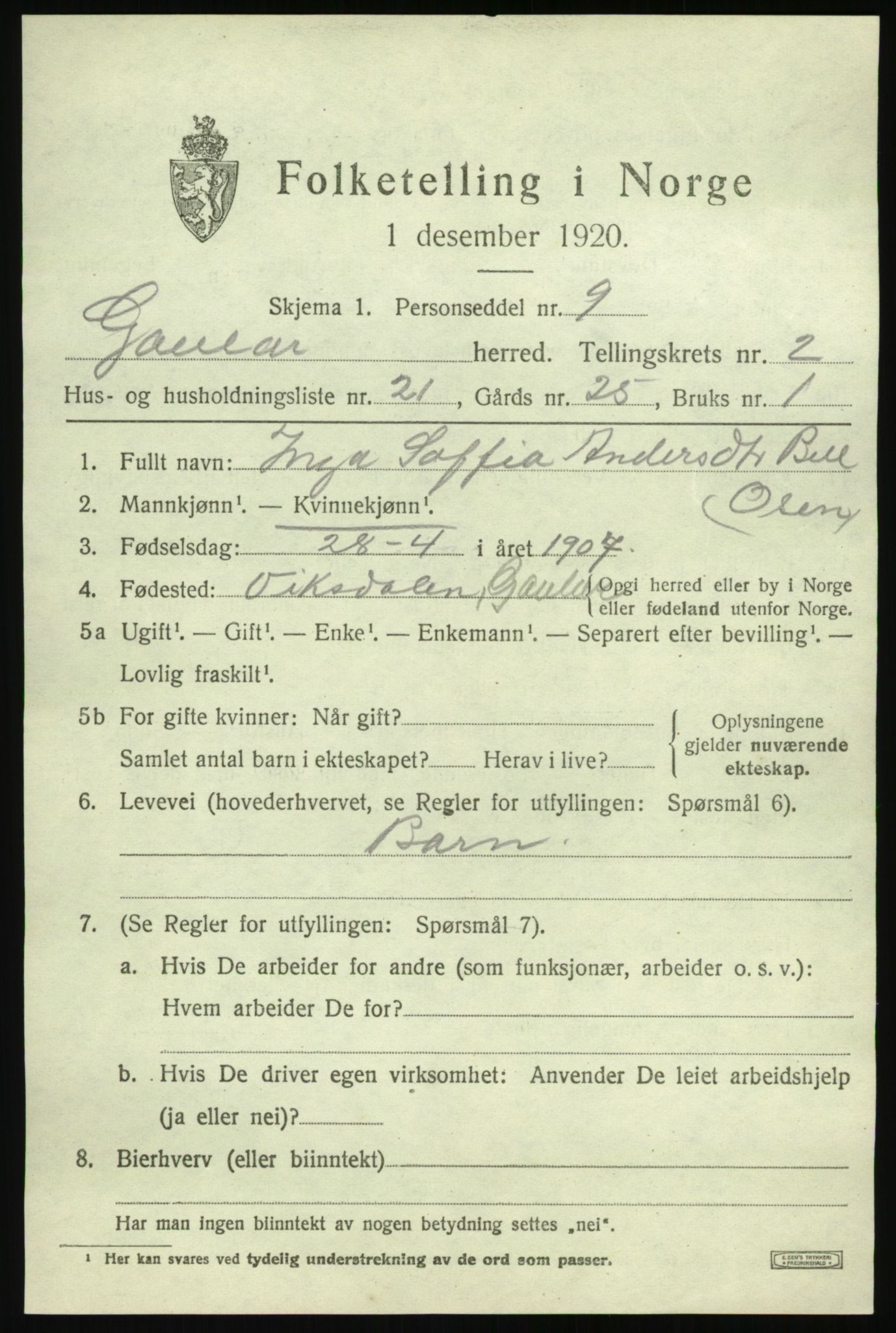 SAB, 1920 census for Gaular, 1920, p. 1804