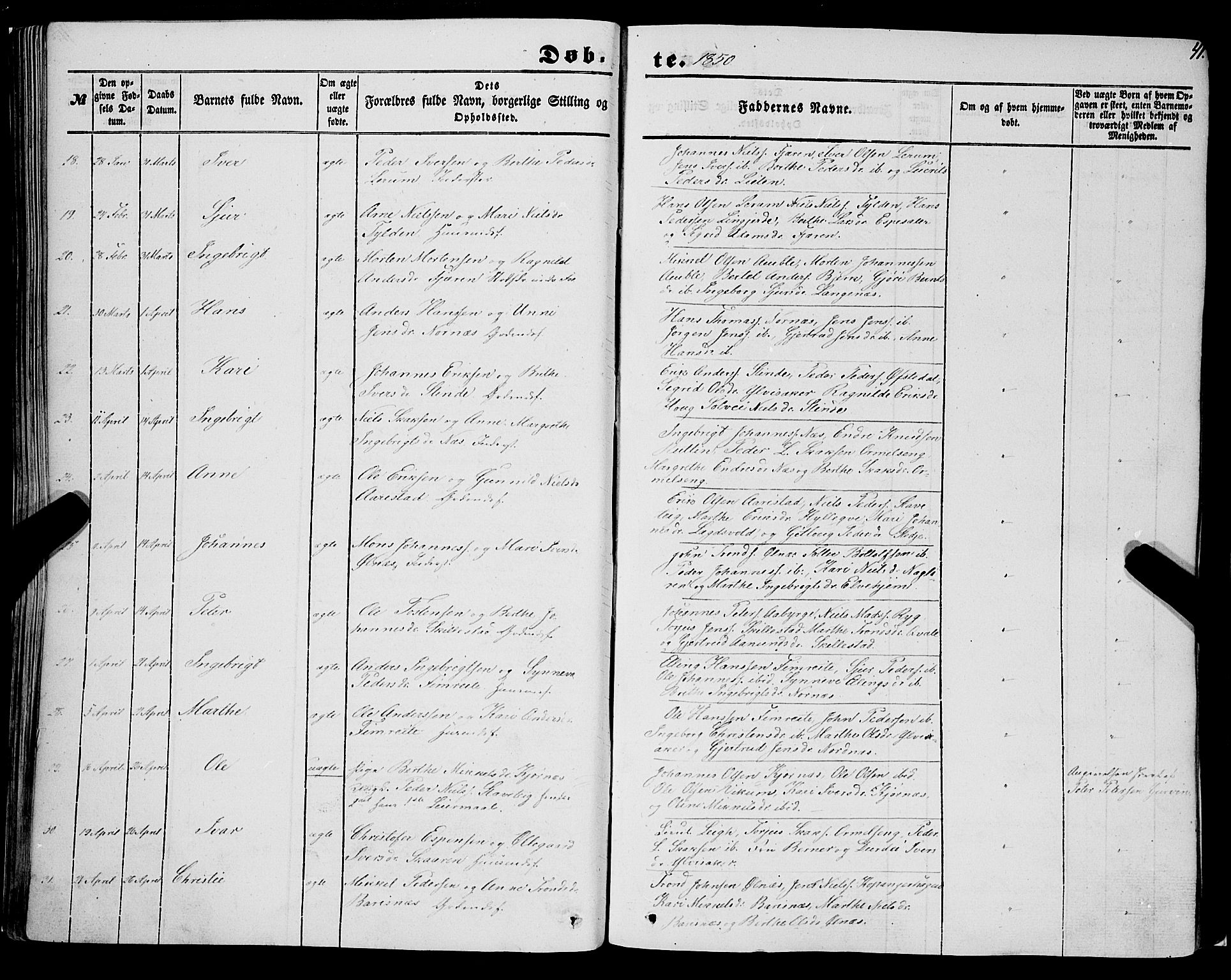 Sogndal sokneprestembete, AV/SAB-A-81301/H/Haa/Haaa/L0012I: Parish register (official) no. A 12I, 1847-1859, p. 41