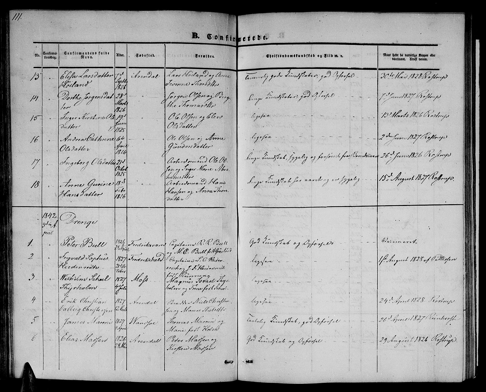 Arendal sokneprestkontor, Trefoldighet, SAK/1111-0040/F/Fb/L0002: Parish register (copy) no. B 2, 1838-1860, p. 111