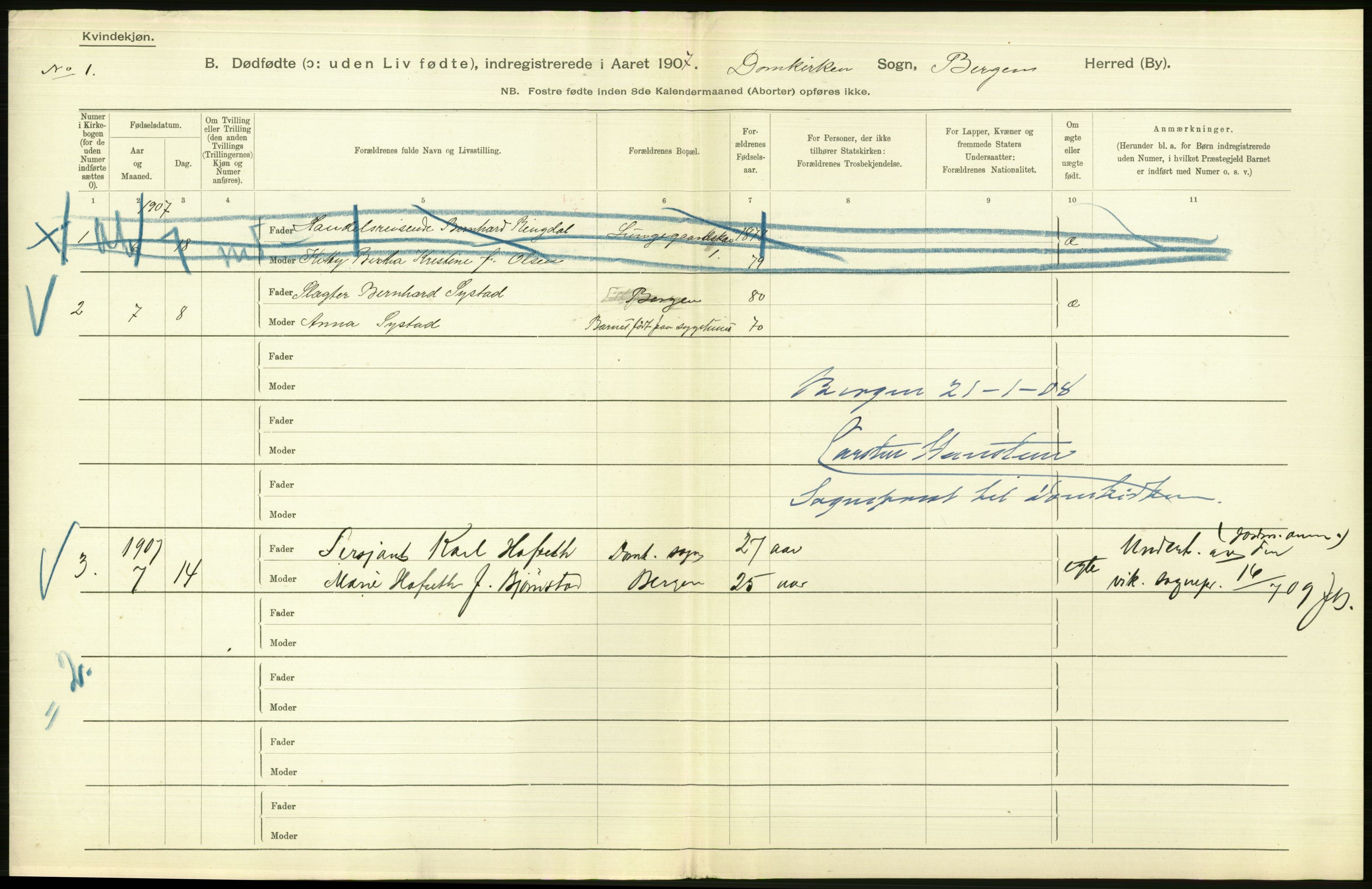 Statistisk sentralbyrå, Sosiodemografiske emner, Befolkning, AV/RA-S-2228/D/Df/Dfa/Dfae/L0031: Bergen: gifte, døde, dødfødte., 1907, p. 442