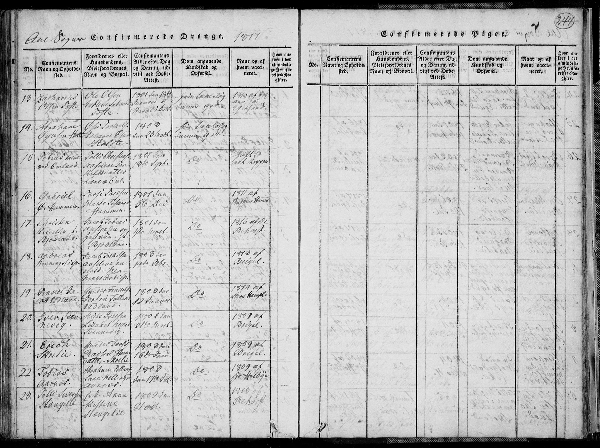 Lyngdal sokneprestkontor, SAK/1111-0029/F/Fa/Fac/L0006: Parish register (official) no. A 6, 1815-1825, p. 244