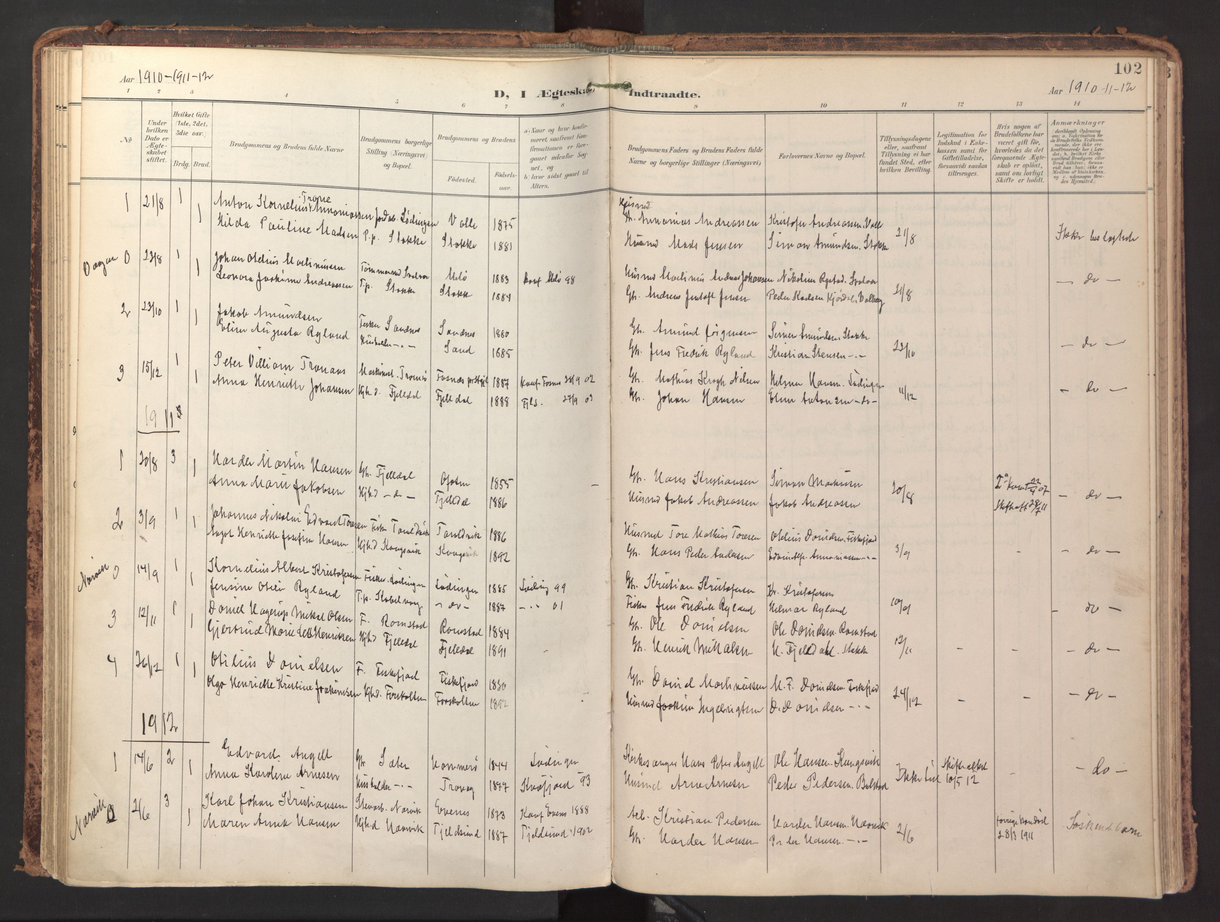 Ministerialprotokoller, klokkerbøker og fødselsregistre - Nordland, SAT/A-1459/865/L0926: Parish register (official) no. 865A04, 1897-1912, p. 102